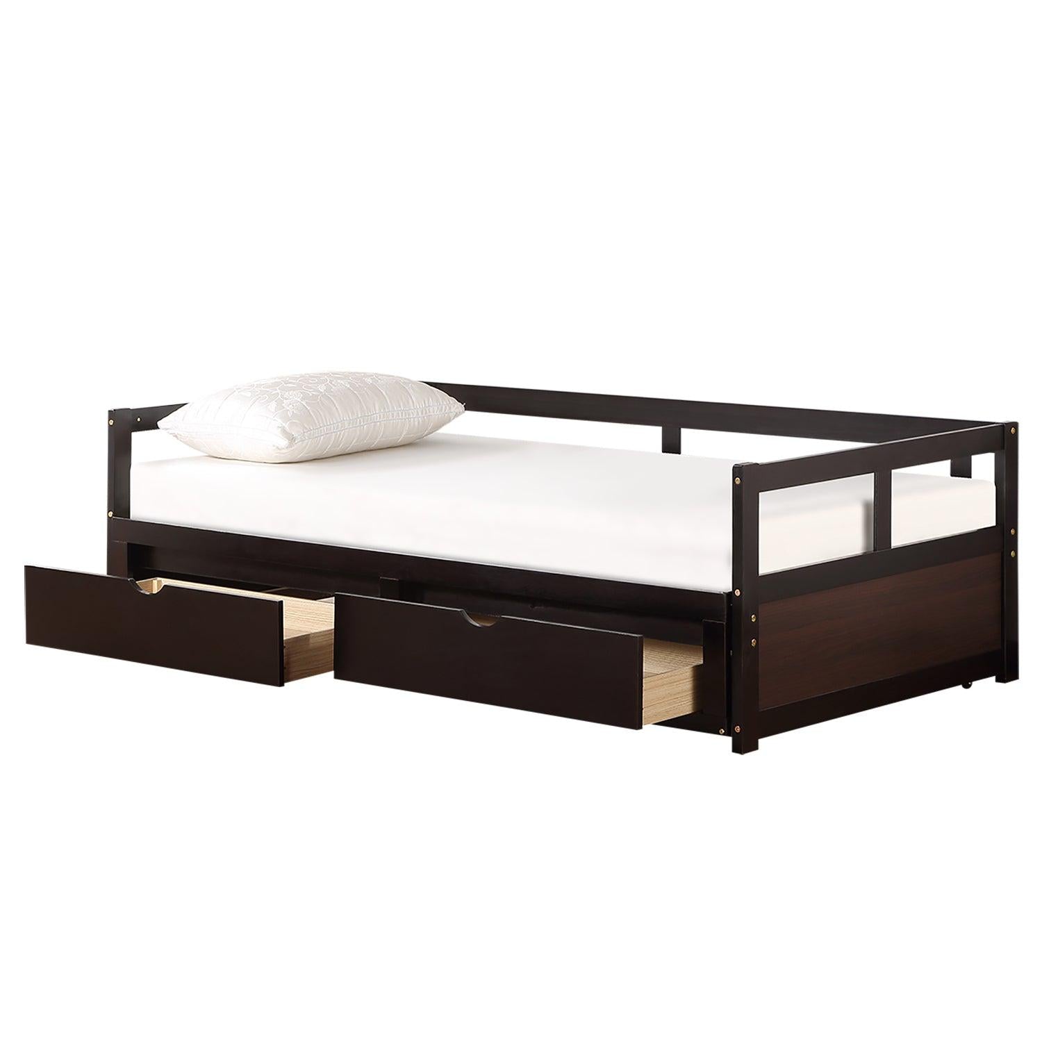 Wooden Daybed with Trundle Bed and TwoStorage Drawers , Extendable Bed Daybed,Sofa Bed for Bedroom Living Room,Espresso