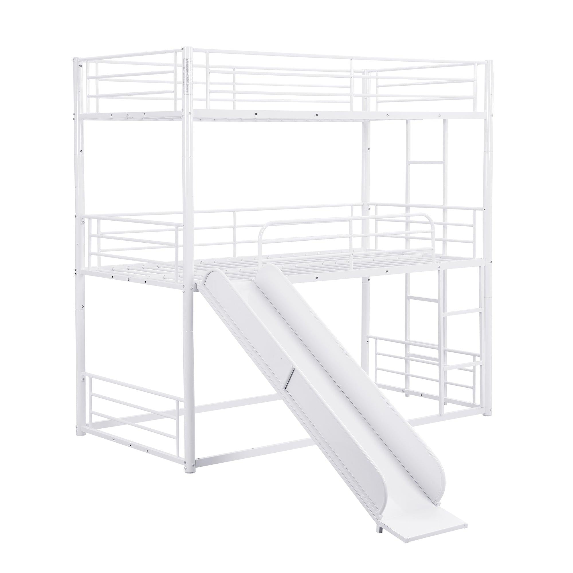 Twin Size Metal Bunk Bed with Ladders and Slide, Divided into Platform and Loft Bed, White