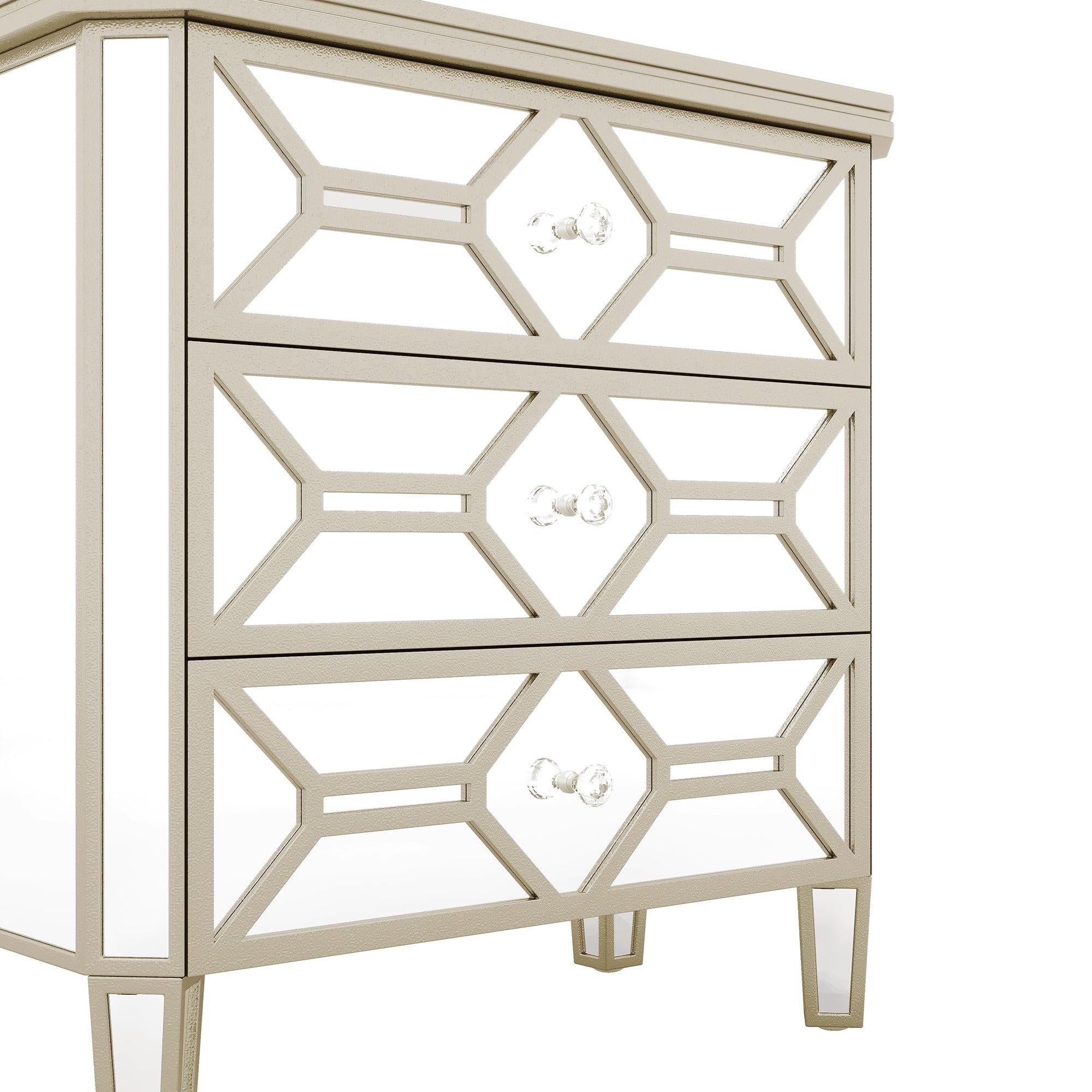 Elegant Mirrored 3-Drawer Chest with Golden LinesStorage Cabinet for Living Room, Hallway, Entryway