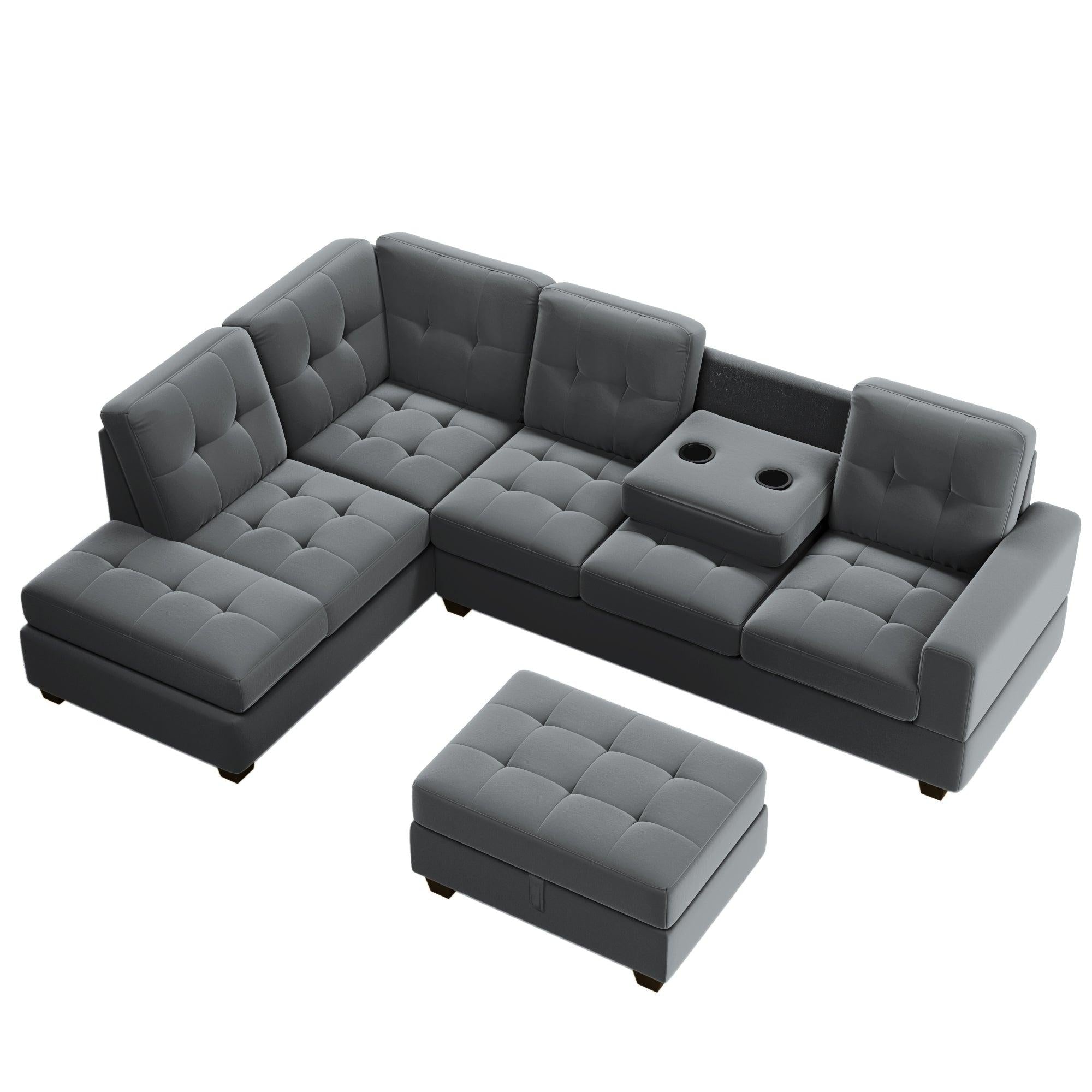 Sectional Sofa with Reversible Chaise Lounge, L-Shaped Couch withStorage Ottoman and Cup Holders