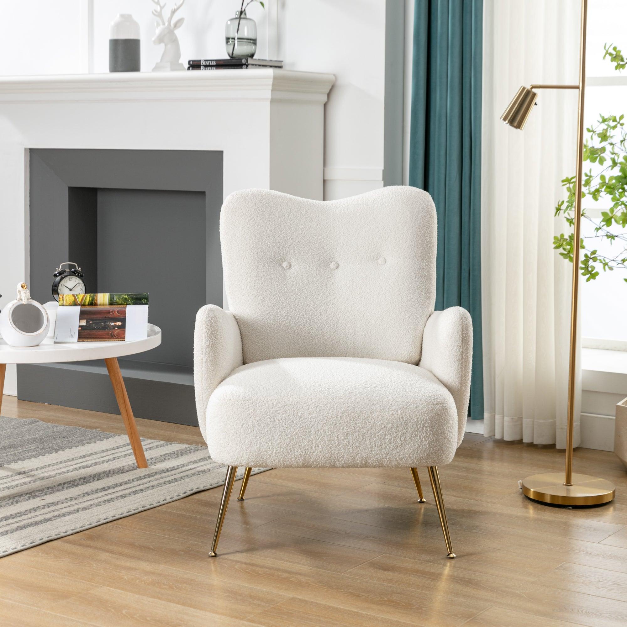 Cozy Teddy Fabric Arm Chair with Sloped High Back and Contemporary Metal Legs ,White