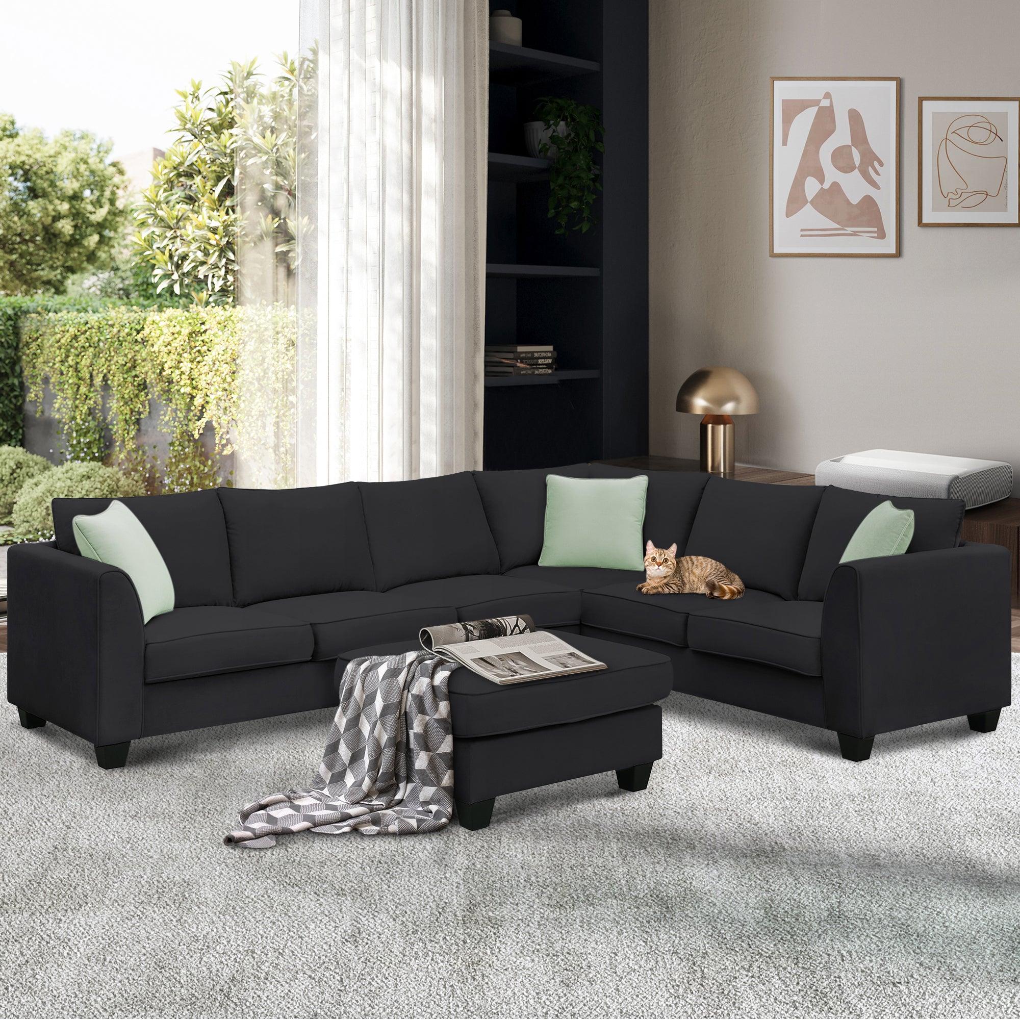 112*87" Sectional Sofa Couches Living Room Sets 7 Seats Modular Sectional Sofa with Ottoman L Shape Fabric Sofa Corner Couch Set with 3 Pillows, Black image