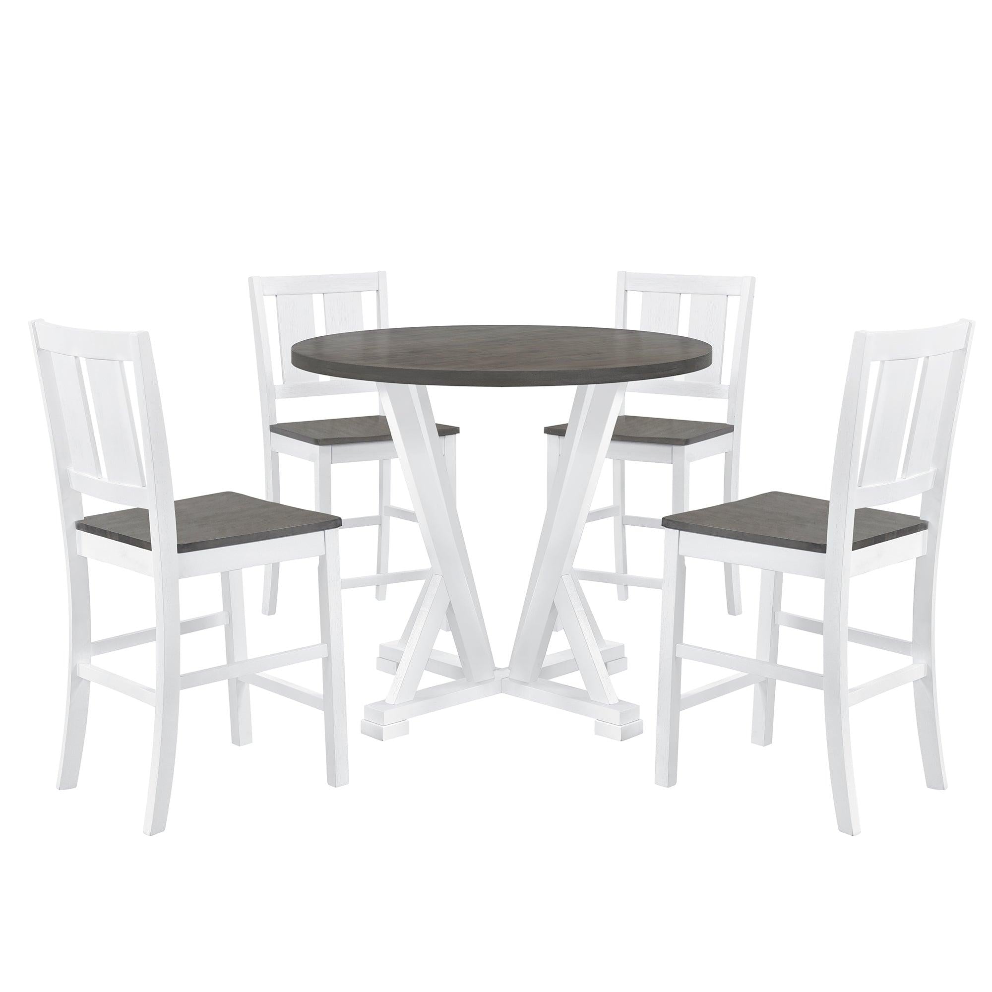 Rustic Farmhouse 5-Piece Counter Height Dining Table Set, Round Kitchen set with 4 Dining Chairs and Thick Tabletop, Grey