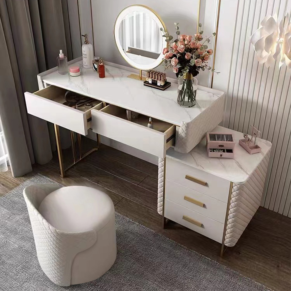 Makeup Vanity Set with LED Lighted Mirror, 5 Drawers,Modern Dressing Table Sintered Stone, Stool, For Bedroom,31.49''