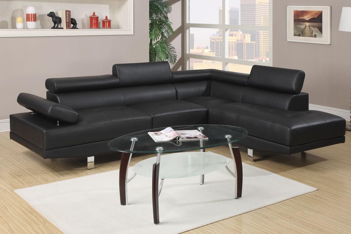 Black Color Sectional Living Room Furniture Faux Leather Adjustable Headrest Right Facing Chaise & Left Facing Sofa