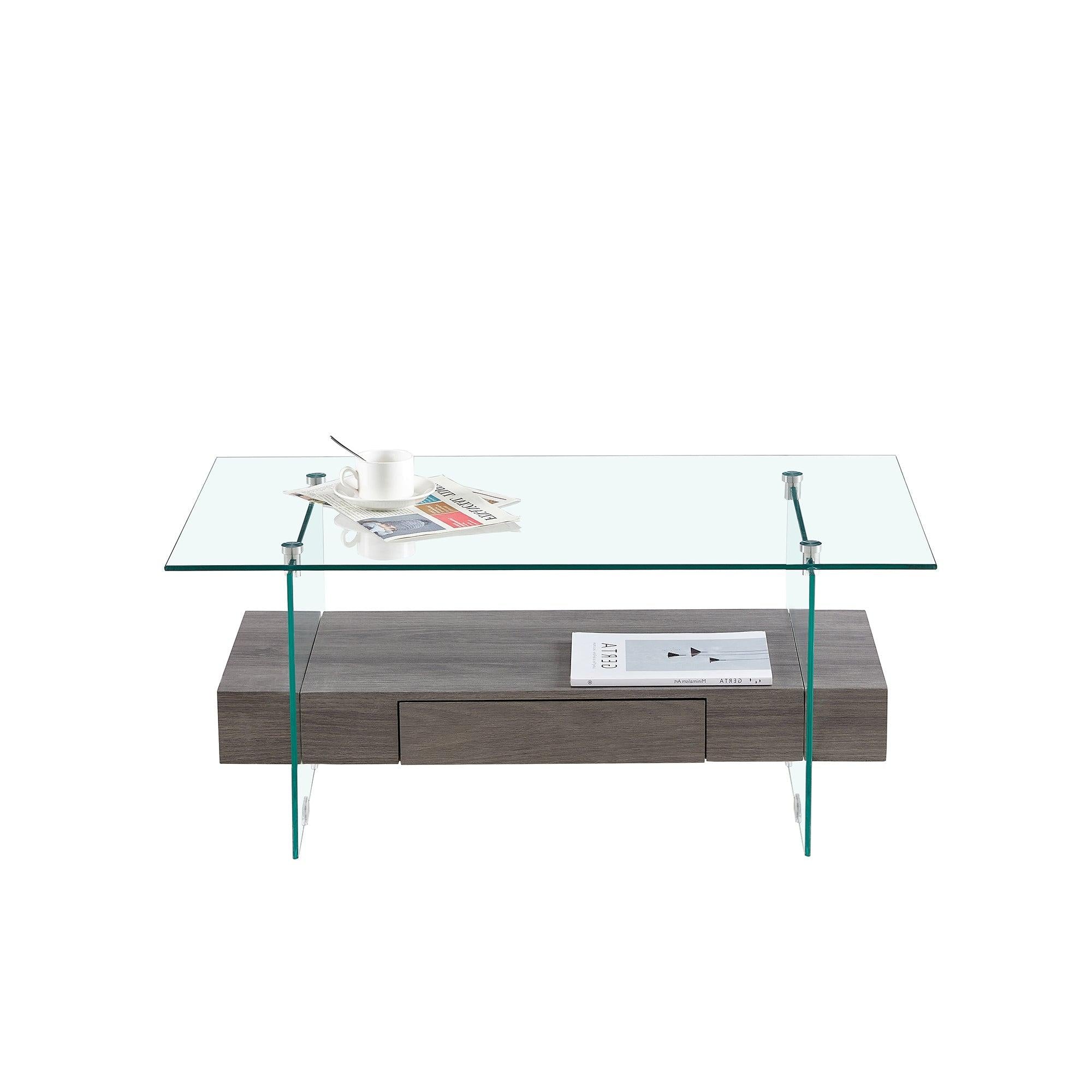 37.8" Tempered Glass Coffee table with Dual Shelves and MDF Drawer, Tea Table for living roon, bedroom，transparent/gray