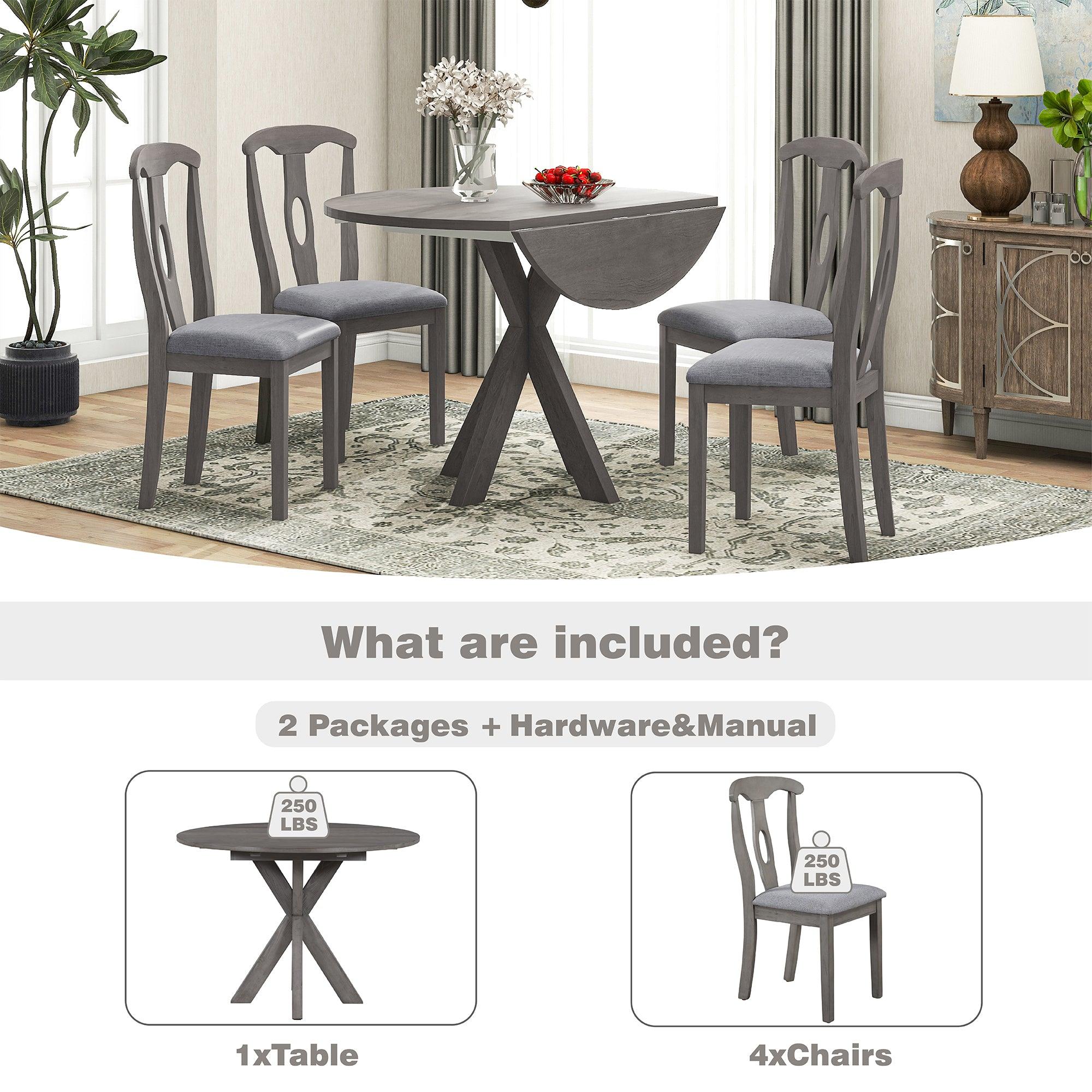 Rustic Farmhouse 5-Piece Wood Round Dining Table Set for 4, Kitchen Furniture with Drop Leaf and 4 Padded Dining Chairs for Small Places, Grey