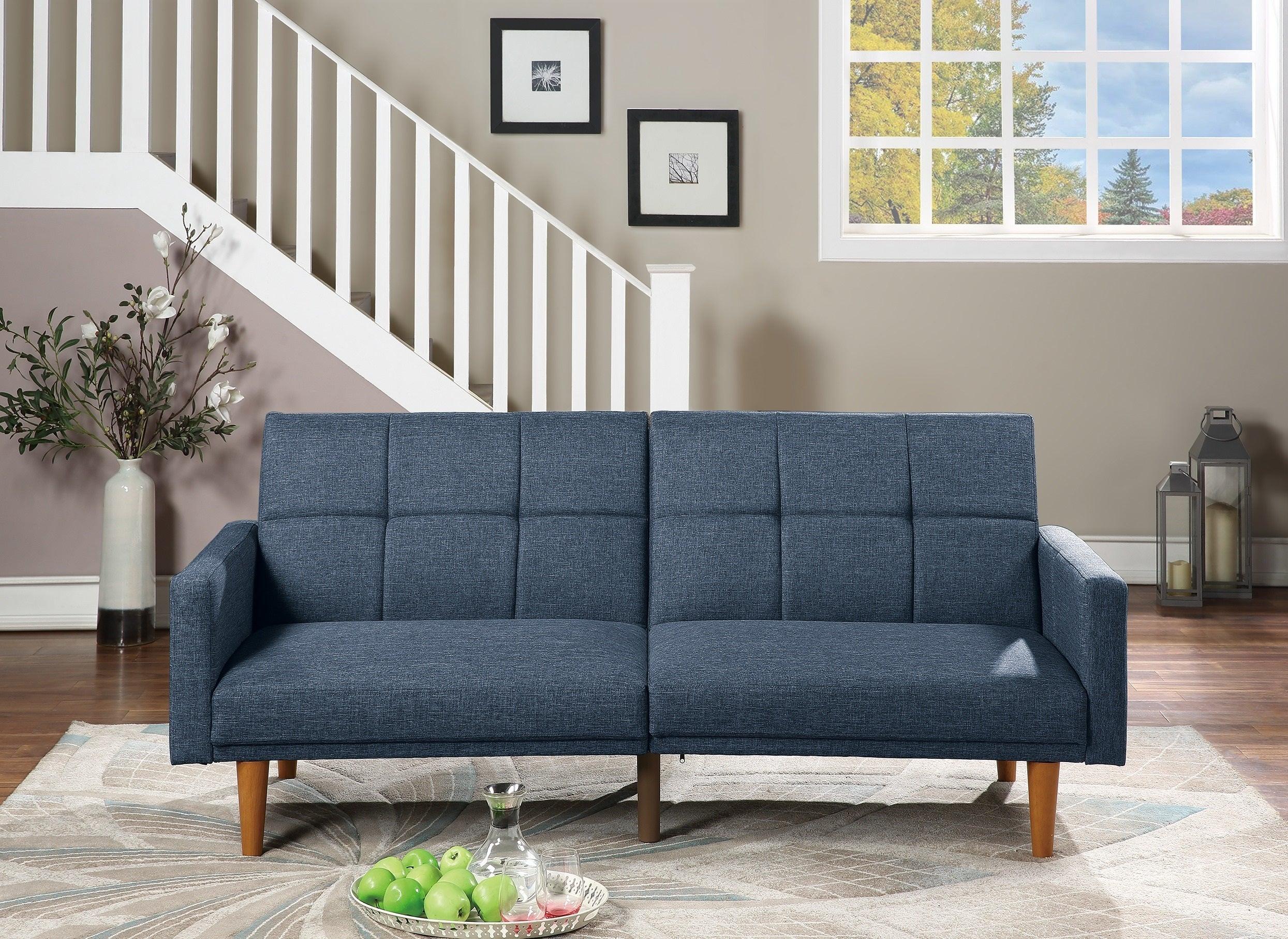 Transitional Look Living Room Sofa Couch Convertible Bed Navy Polyfiber 1pc Tufted Sofa Cushion Wooden Legs image