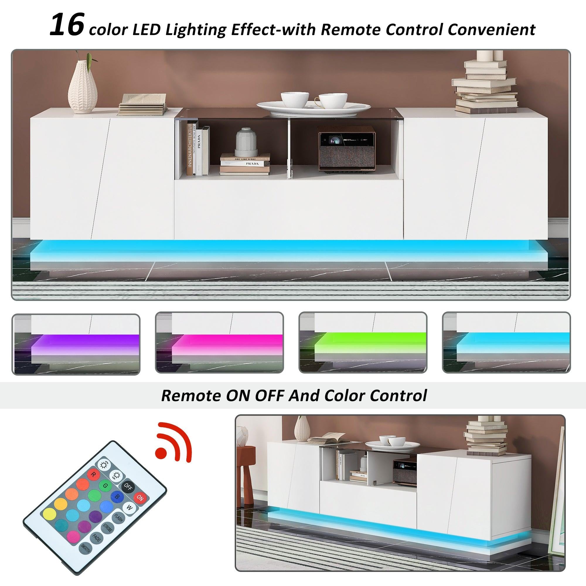 TV Stand with Tempered Glass,Modern High Gloss Entertainment Center for TVs Up to 72'',TV Cabinet withStorage and LED Color Changing Lights for Living Room,White