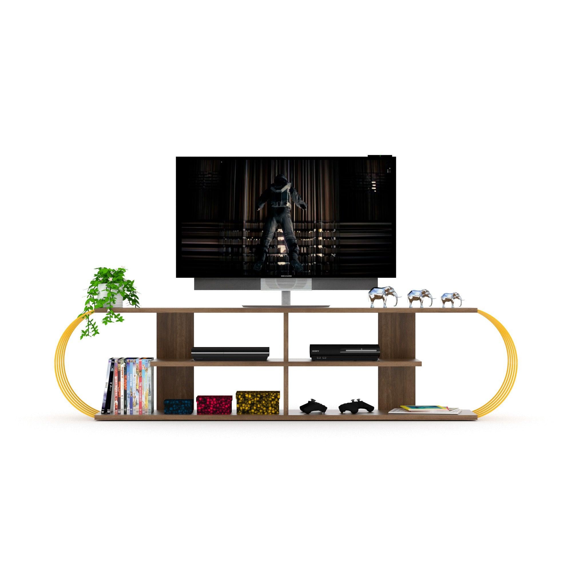 Mid CenturyModern Tv Stand 4 Shelves OpenStorage Entertainment Centre 68 inch Tv Unit, Walnut/Yellow image