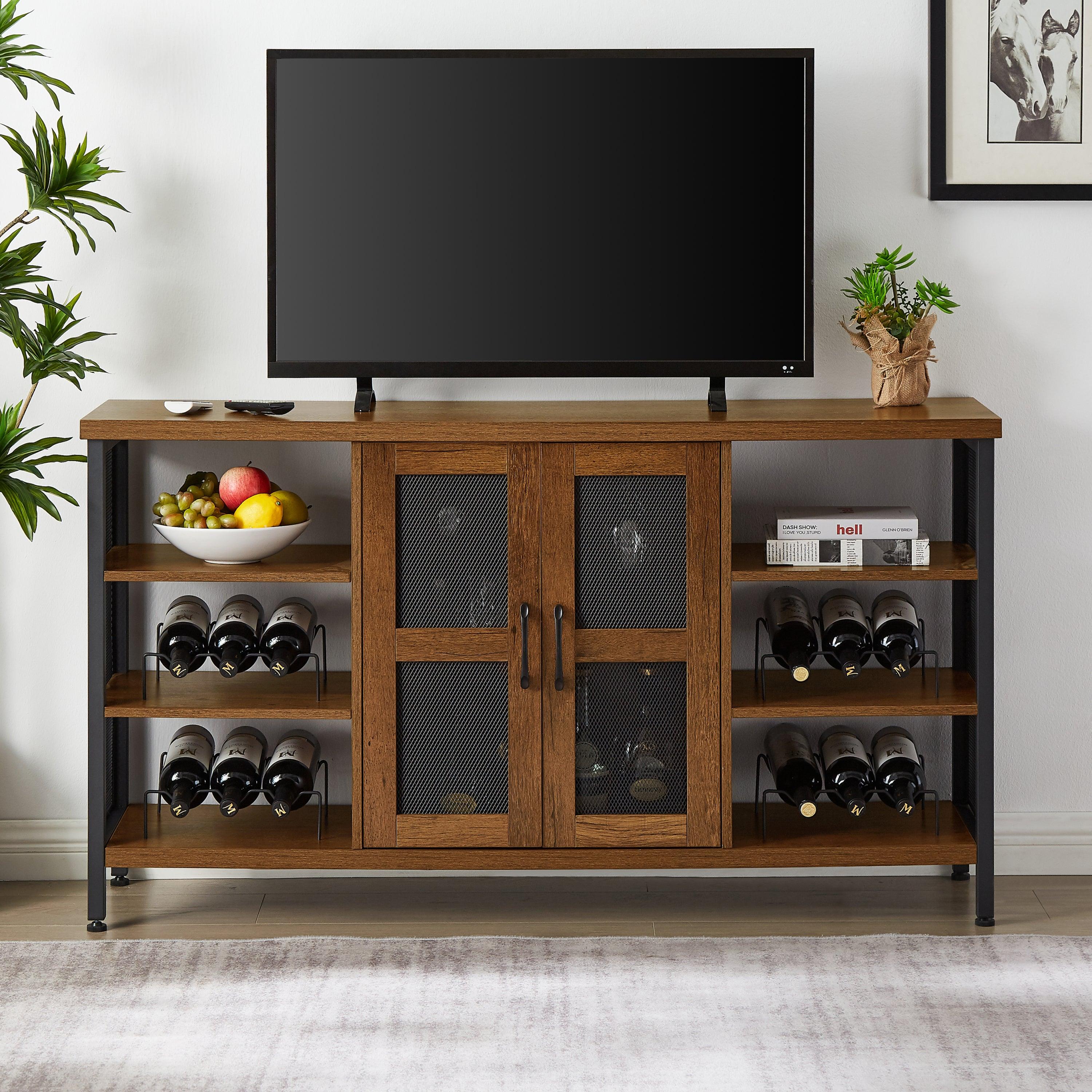 Industrial Wine Bar Cabinet, LiquorStorage Credenza, Sideboard with Wine Racks & Stemware Holder (Hazelnut Brown, 55.12''w x 13.78''d x 30.31' ' h)