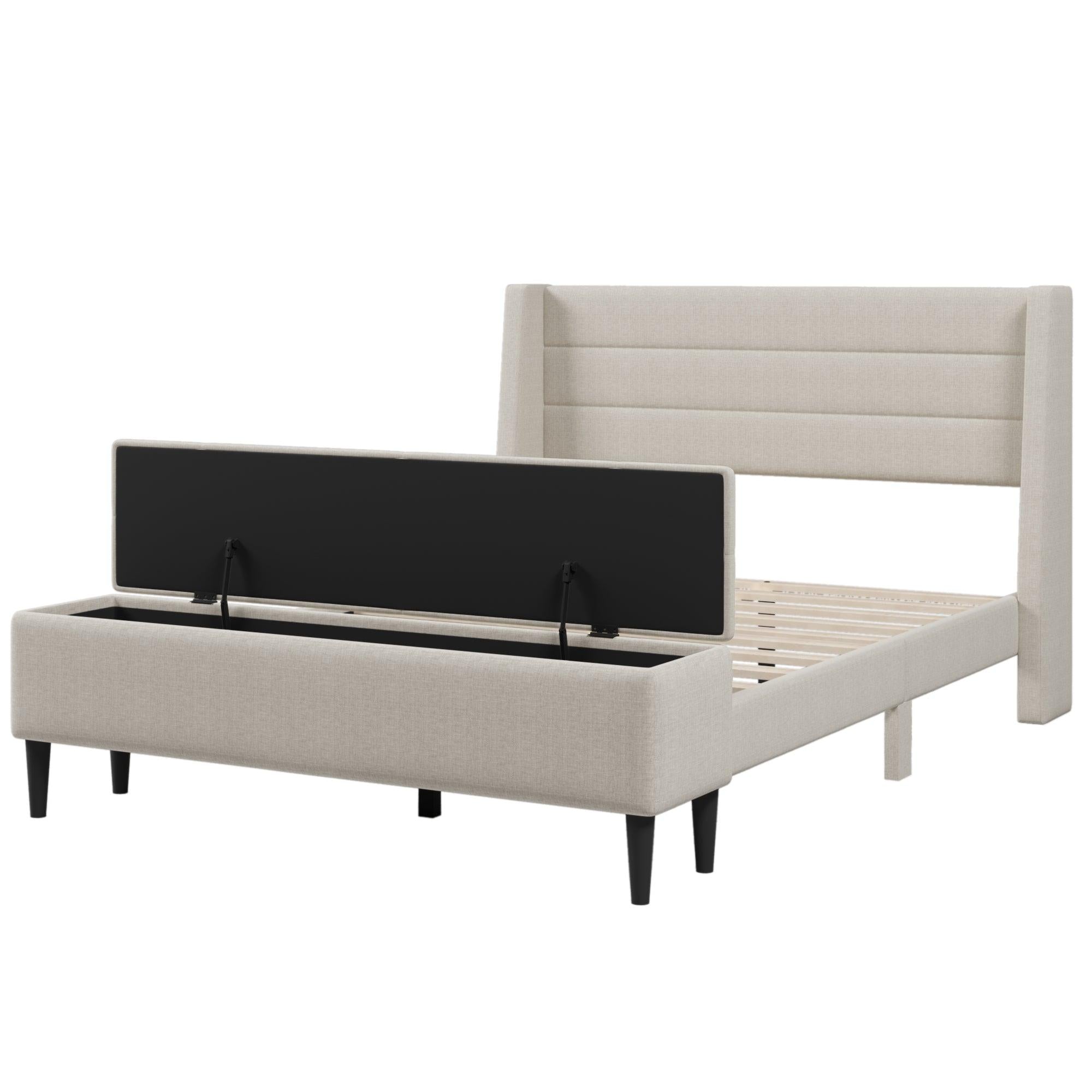 3 Pieces Bedroom Set Beige Queen UpholsteredStorage Bed Frame withStorage Ottoman Bench and Two Nightstands