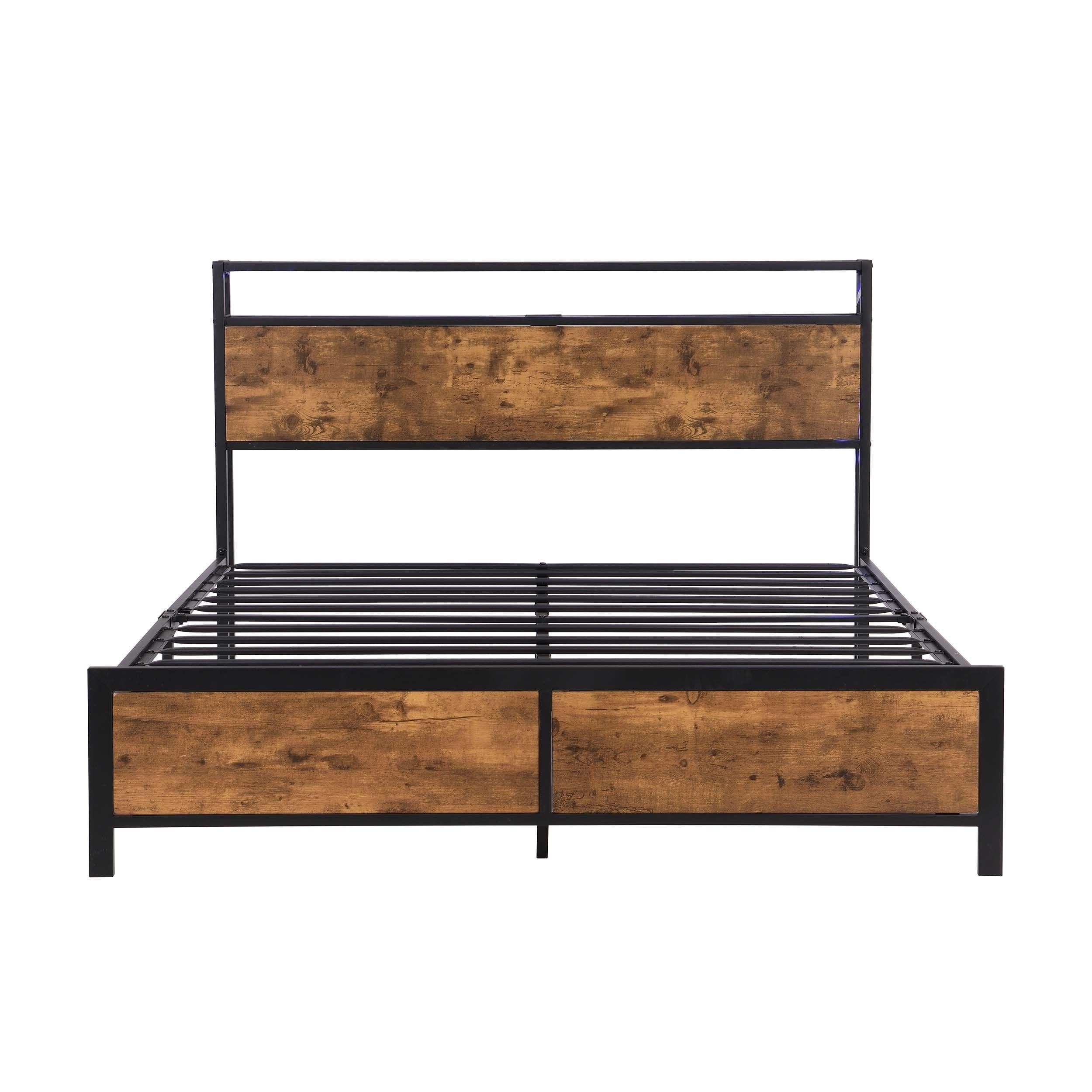 Industrial Full Bed Frame with LED Lights and 2 USB Ports, Bed Frame Full Size withStorage, Noise Free, No Box Spring Needed, Rustic Brown