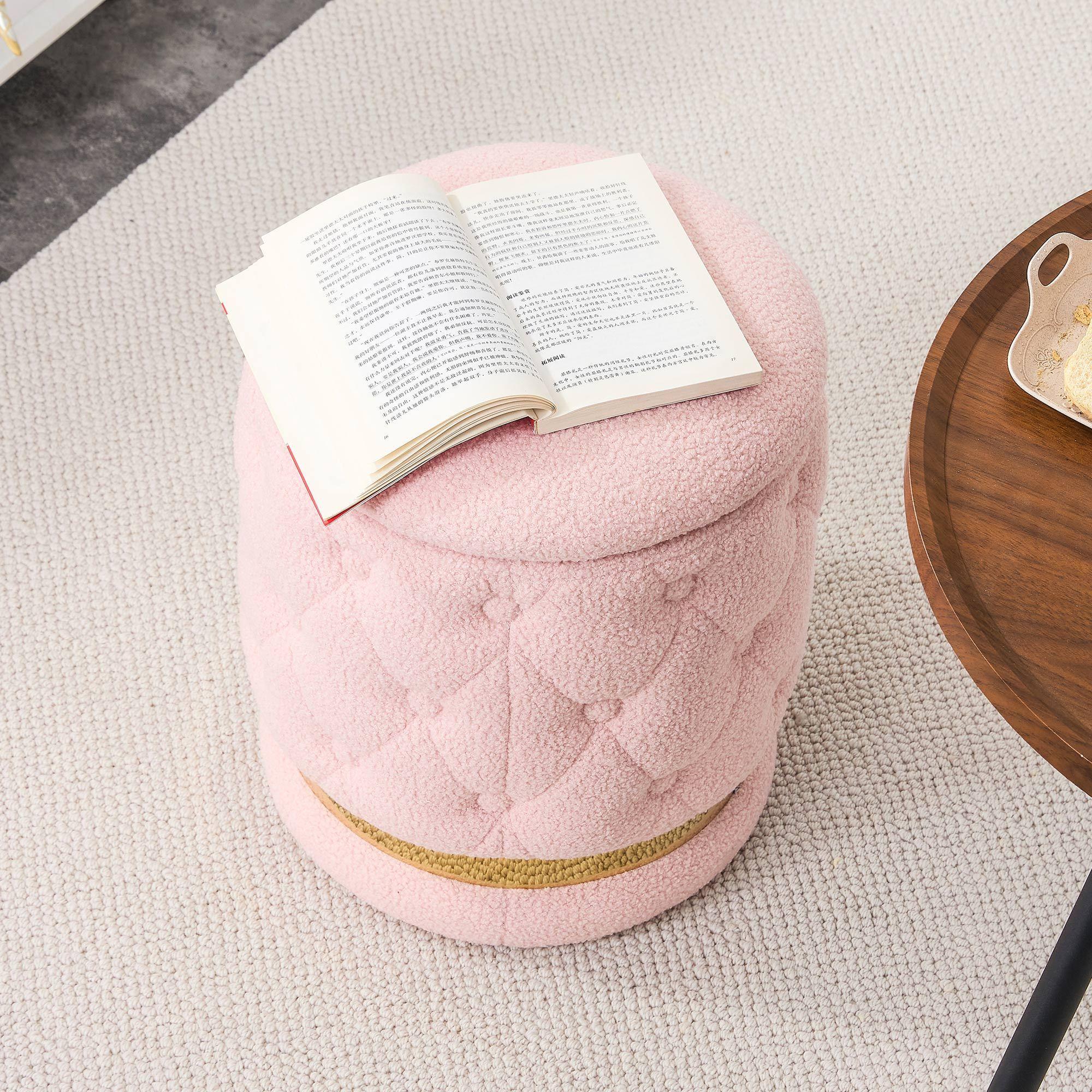 Chair Pink Round-shape Teddy velvet Makeup Stool Footstool, chair withStorage space .Applicable to living room dresser kitchen bedroom dining room