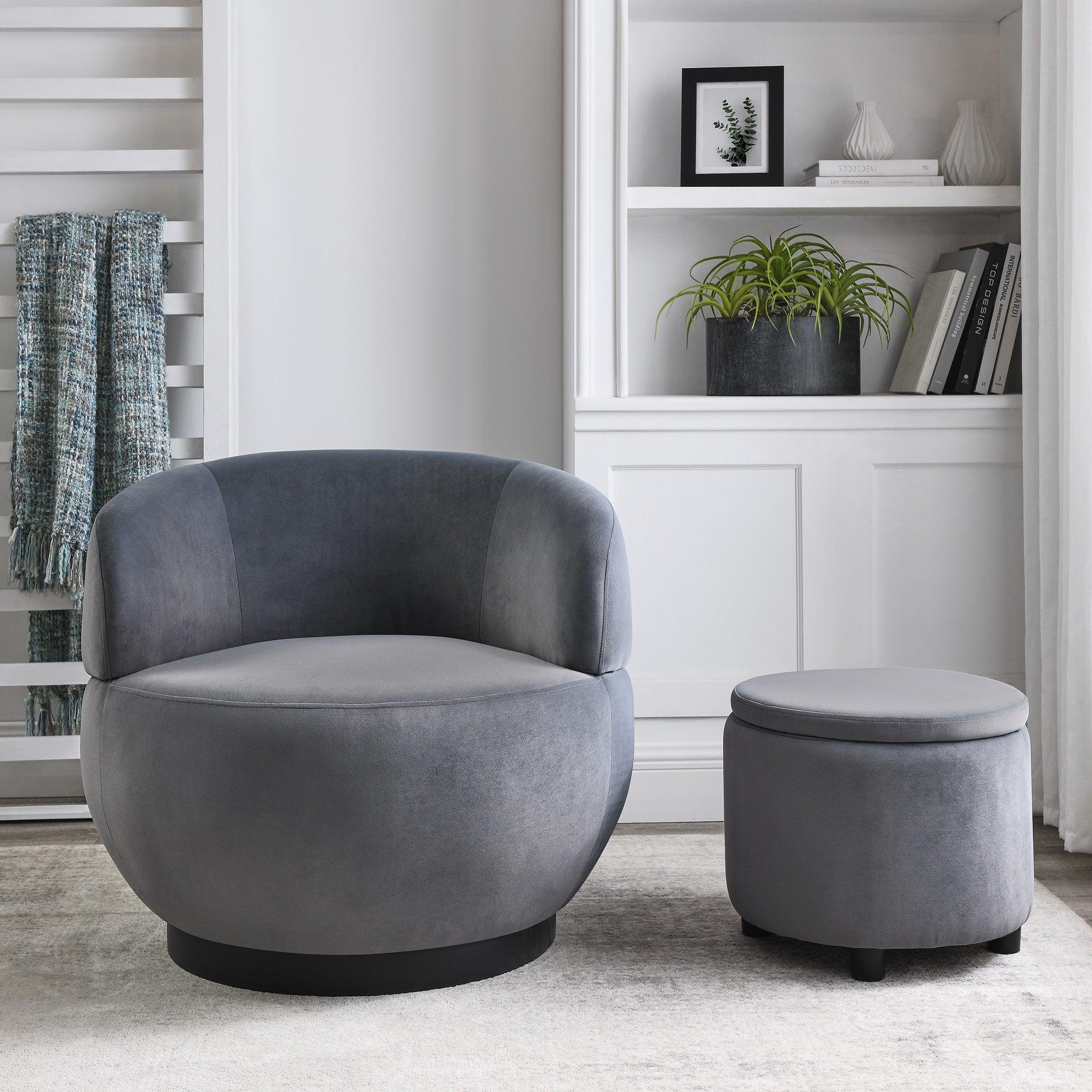 Swviel Barrel Chair with Black Stainless Steel Base, withStorage Ottoman, Velvet, Grey