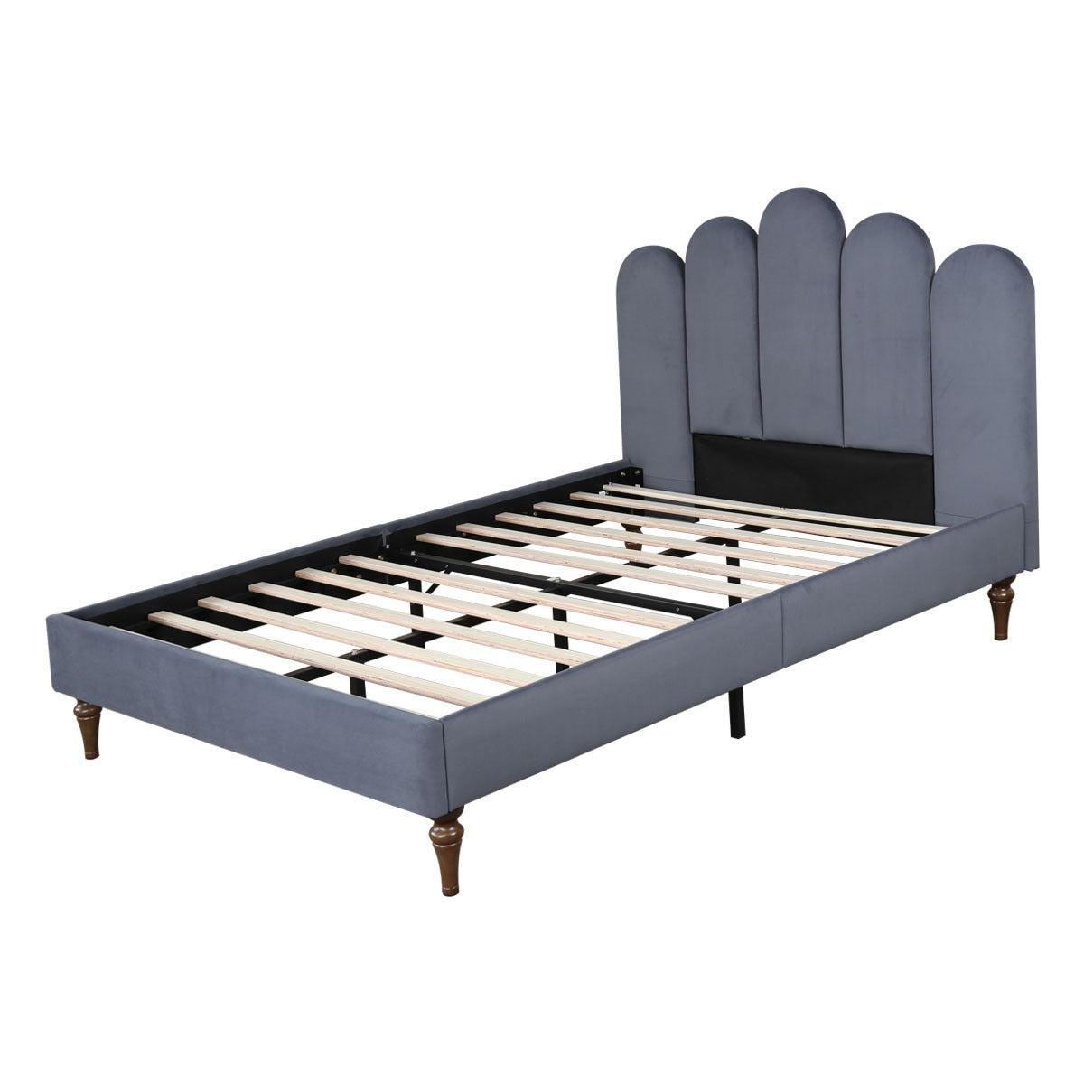 Full Size Linen  Upholstered Platform Bed With Wooden Slat and Metal Support legs.Grey Color