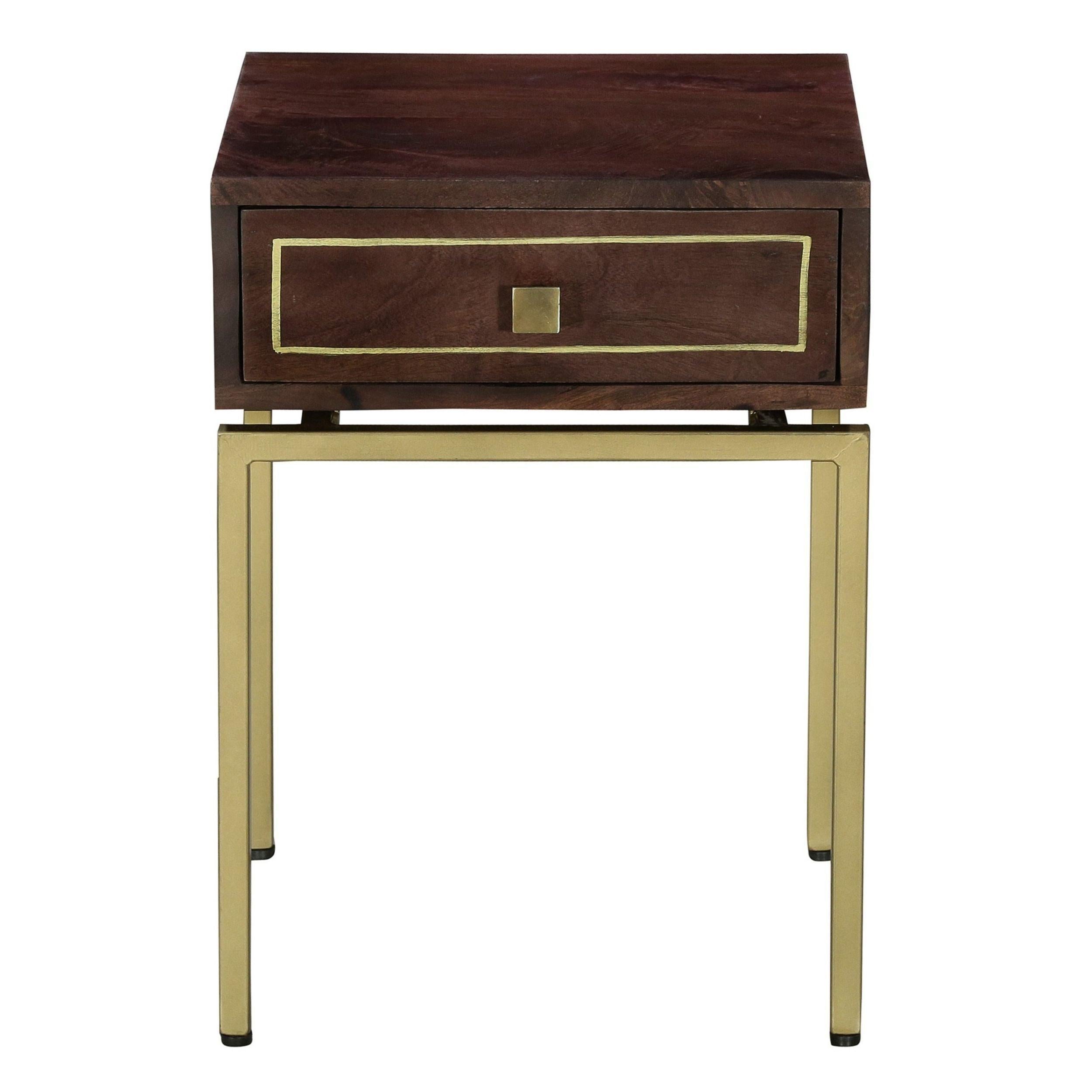 Ellis 16 Inch Side Table with 1 Drawer and Brass Metal Legs, Brown, Matte Gold