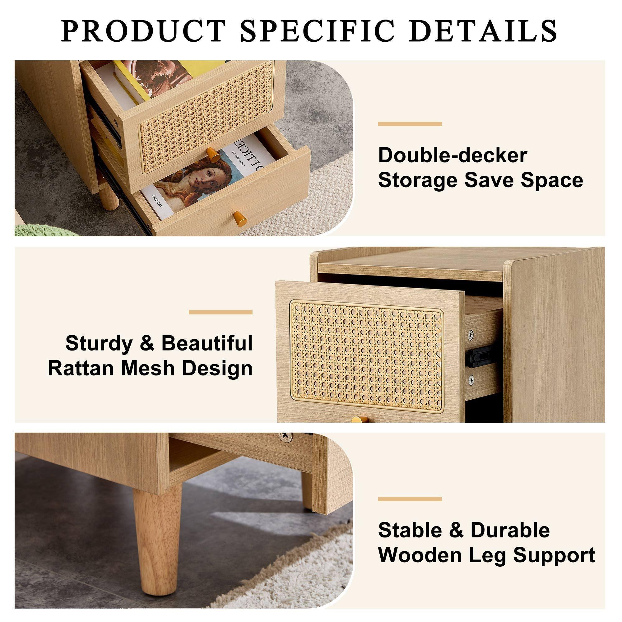 Modern simpleStorage cabinet MDF Board bedside cabinet Japanese rattan bedside cabinet Small household furniture bedside table.Applicable to dressing table in bedroom, porch, living room.2 Drawers image