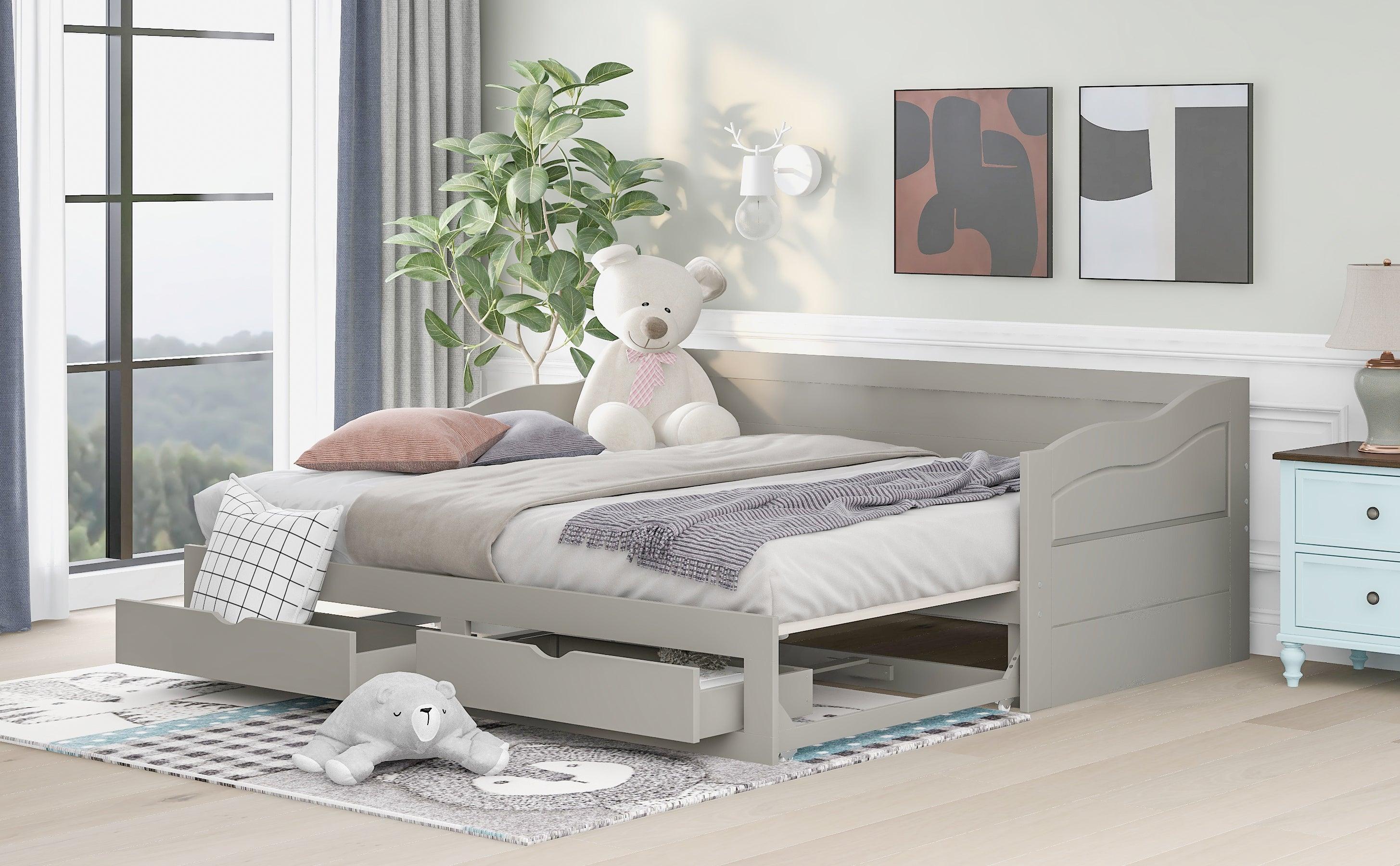 Wooden Daybed with Trundle Bed and TwoStorage Drawers , Extendable Bed Daybed,Sofa Bed with Two Drawers, Gray