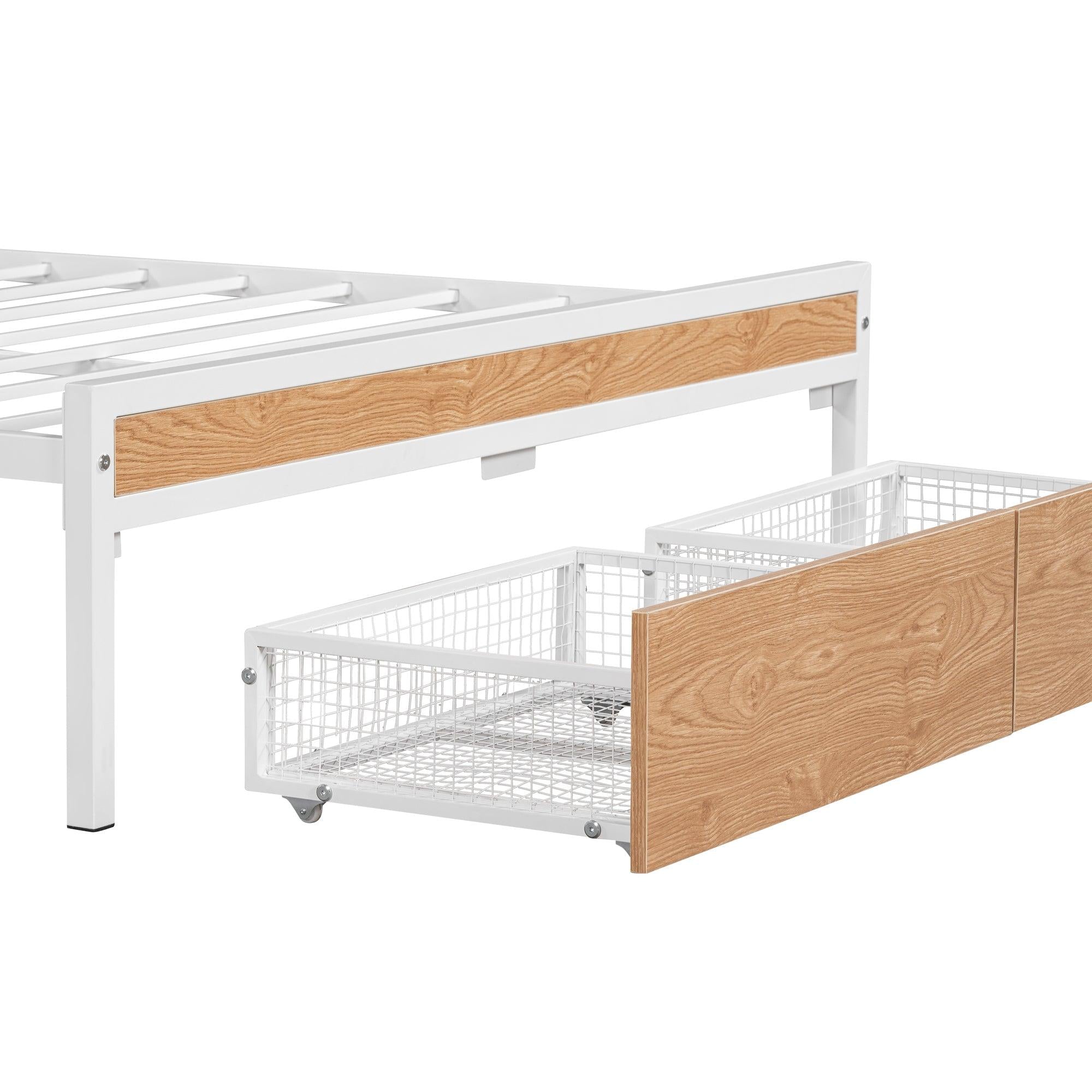 Full Size Metal Platform Bed Frame with 2 drawers, Upholstered headboard ，Sockets, USB Ports and Slat Support ,No Box Spring Needed，White