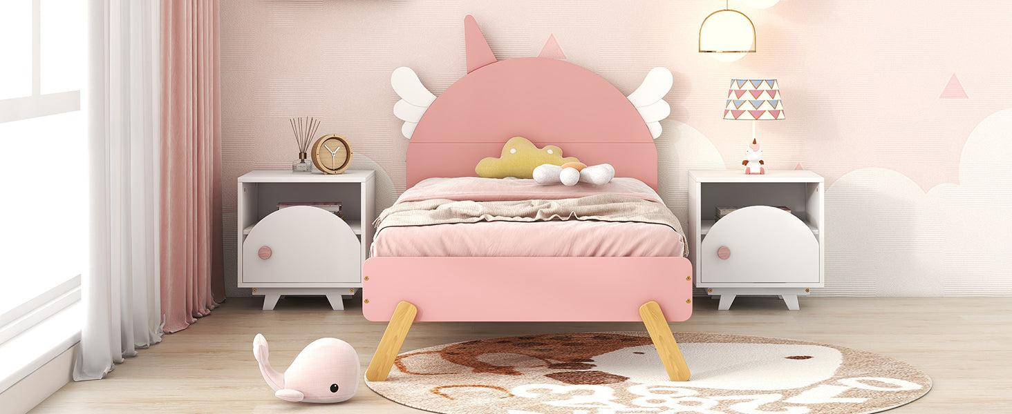 Wooden Cute Bed With Unicorn Shape Headboard,Twin Size Platform Bed,Pink