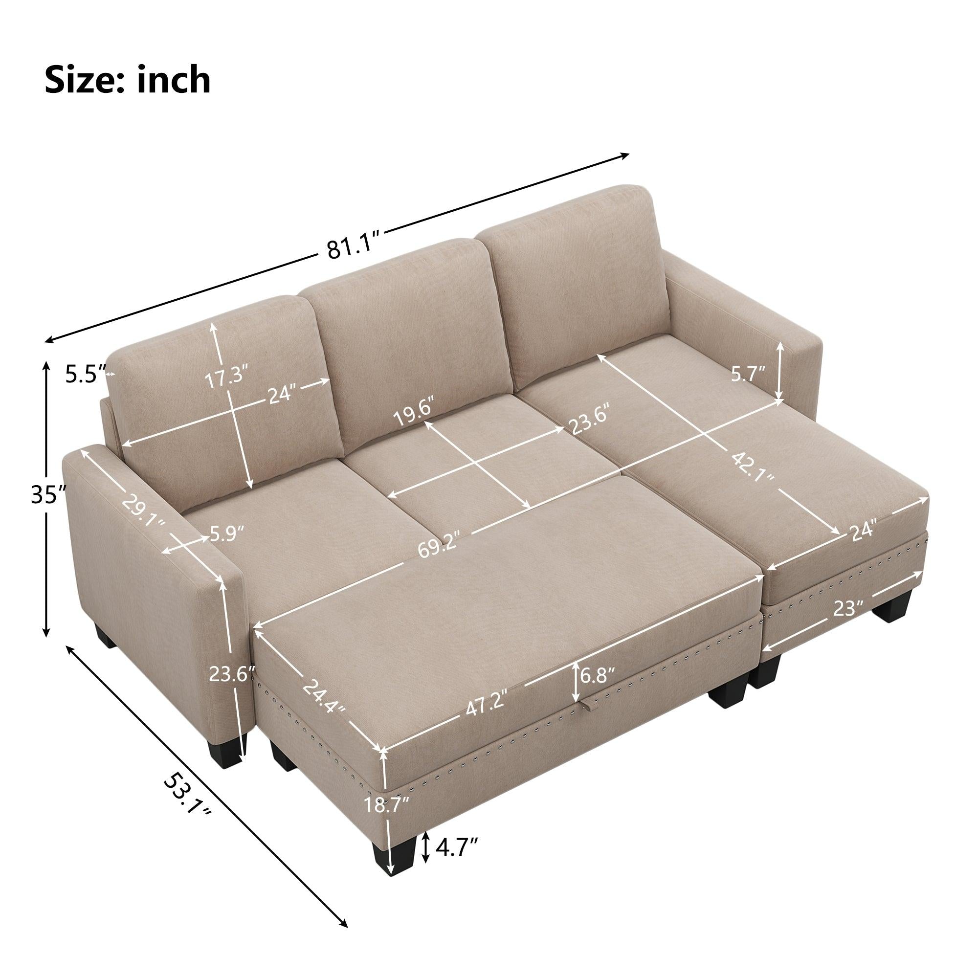 81" Reversible Sectional Couch withStorage Chaise L-Shaped Sofa for Apartment Sectional Set ,Sectional Sofa with Ottoman,Nailhead Textured Linen Fabric 3 pieces Sofa Set,Warm Grey