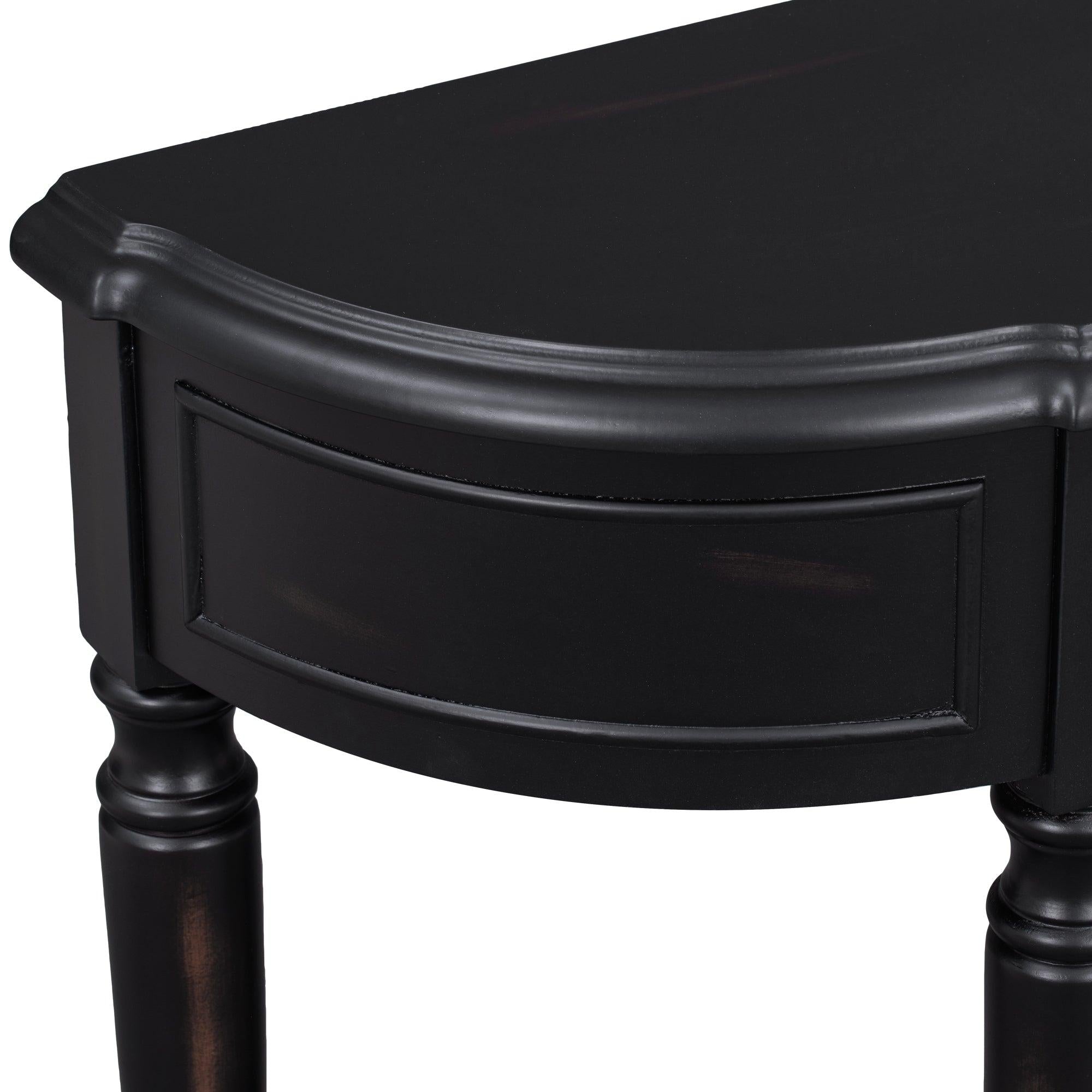 Retro Circular Curved Design Console Table with Open Style Shelf Solid Wooden Frame and Legs Two Top Drawers (Black)