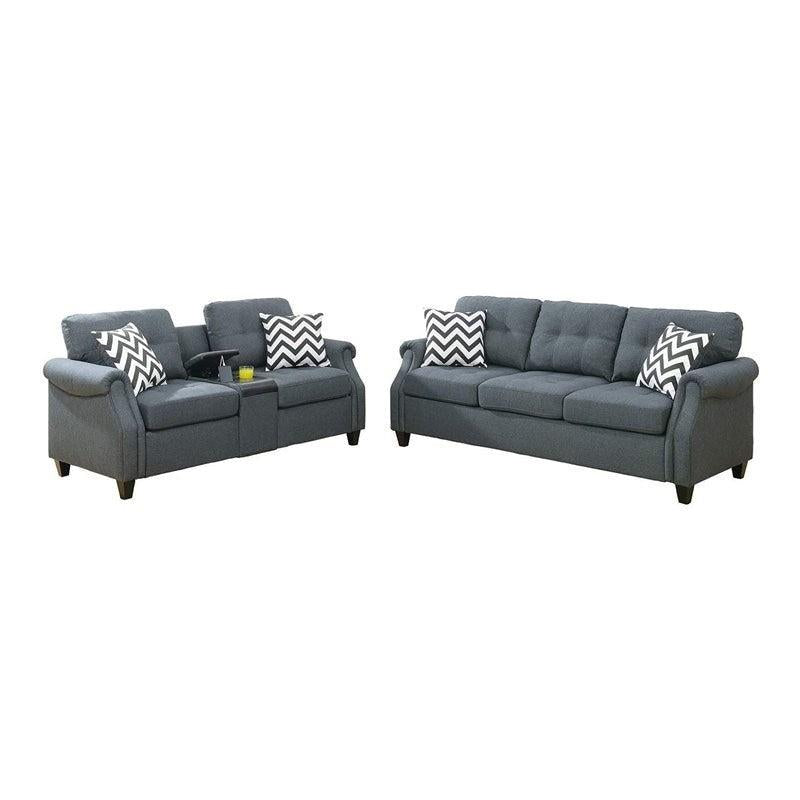 2pcs Sofa set Living Room Furniture Blue Gray Plush Polyfiber Sofa Loveseat w Console Pillows Couch