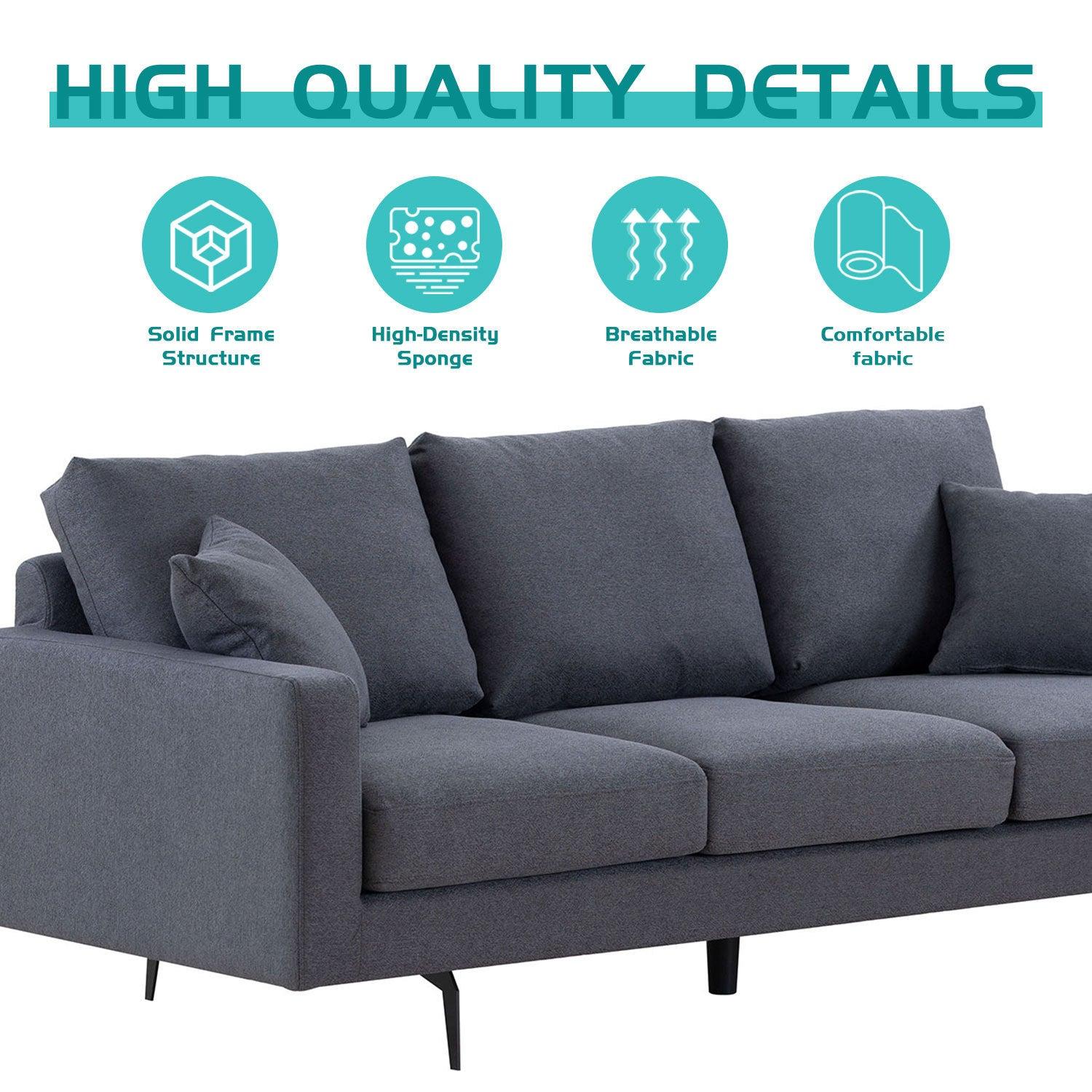 Modern Grey Three-Seat Sofa with Thick Sponge and Two Pillows, 87.40inch