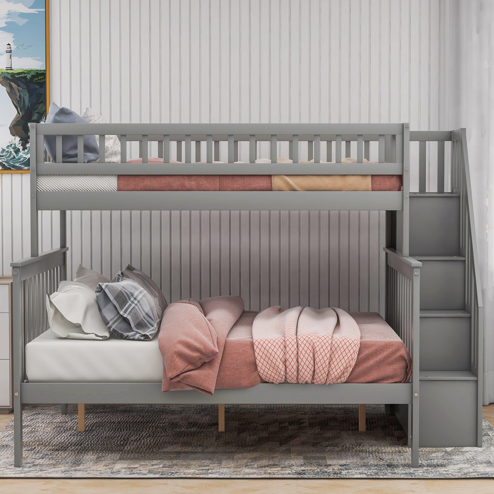 Twin over Full Stairway Bunk Bed withStorage, Gray