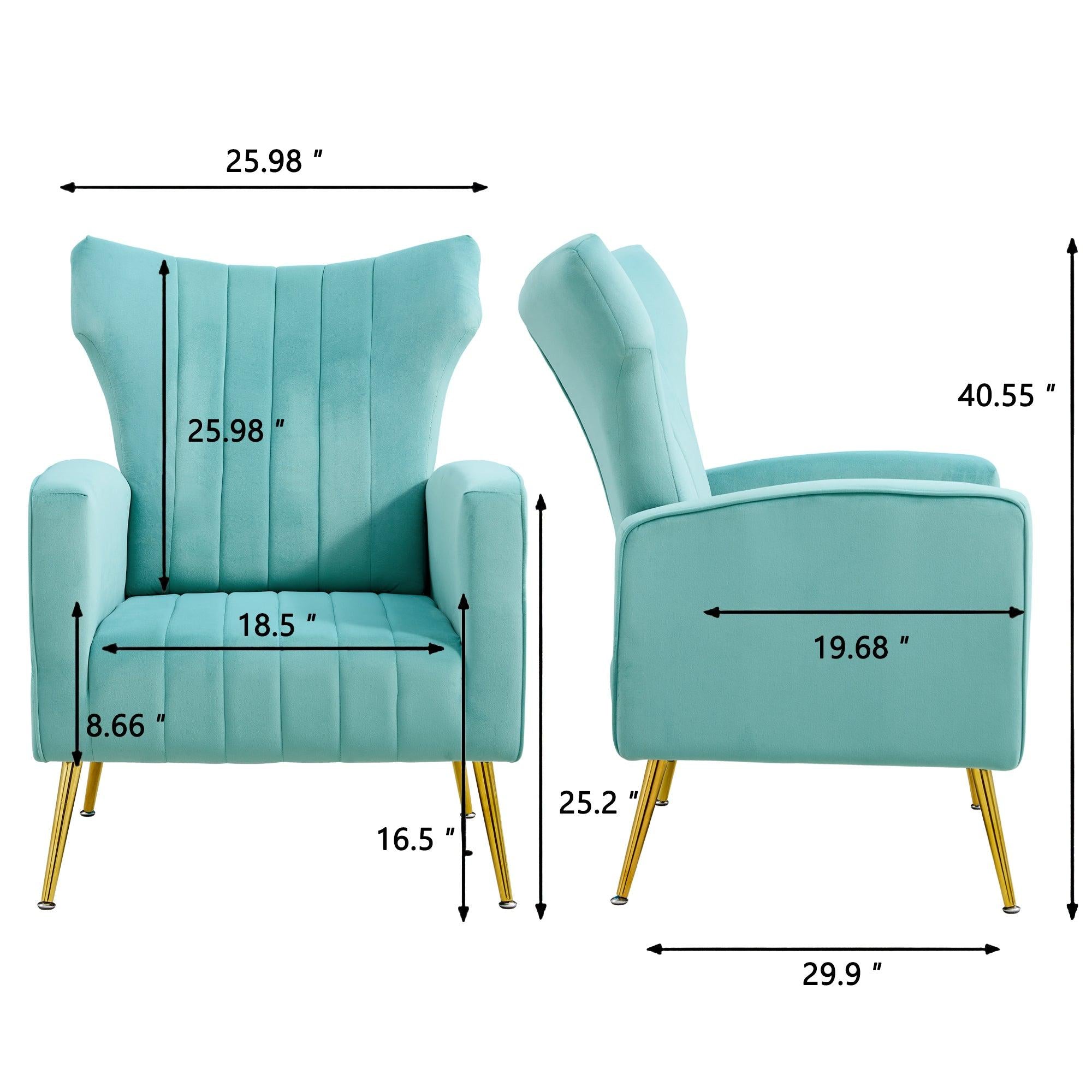 Modern Velvet Accent Chair with Arms, Wingback Reading Chair with Gold Metal Legs, Comfy Upholstered Single Leisure Sofa for Living Room Bedroom Club(Velvet+Blue)