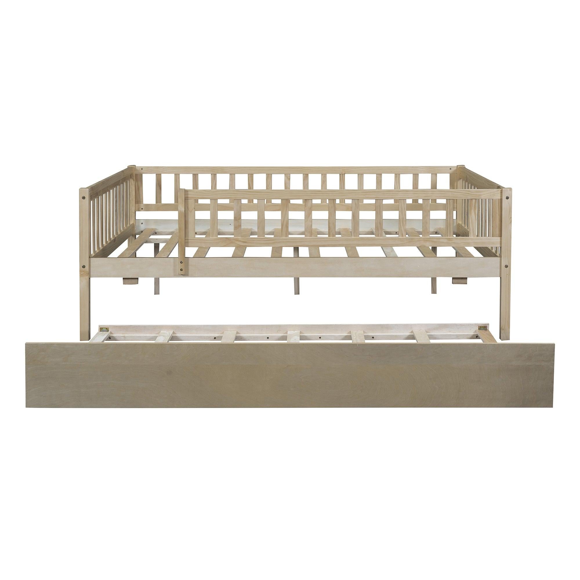 Full Size Wood Daybed with Trundle and Fence Guardrails, Natural