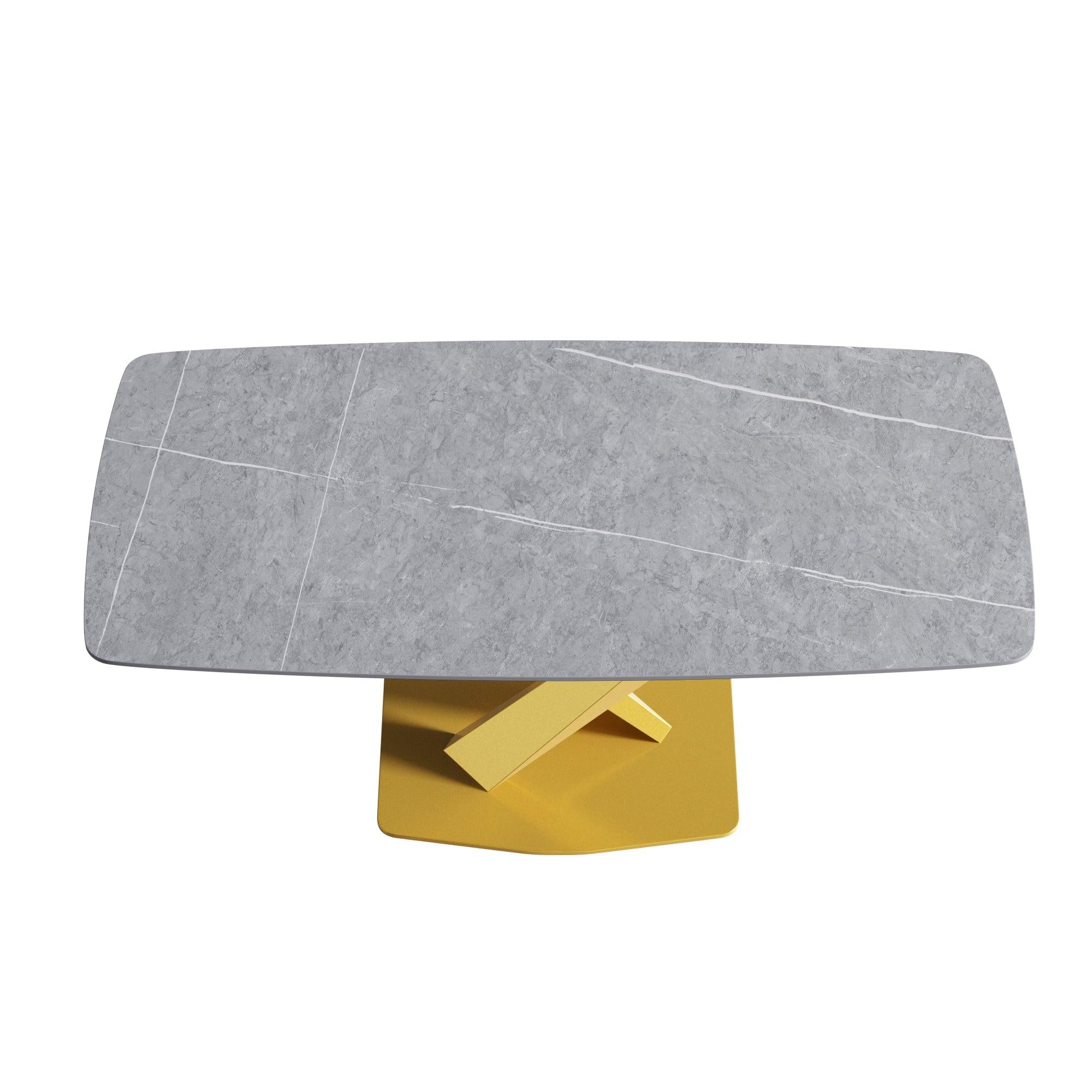 70.87"Modern artificial stone gray curved golden metal leg dining table-can accommodate 6-8 people