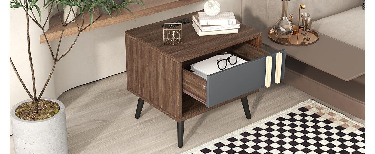 Wooden Nightstand with USB Charging Ports，End Table for Bedroom,Gray+Walnut