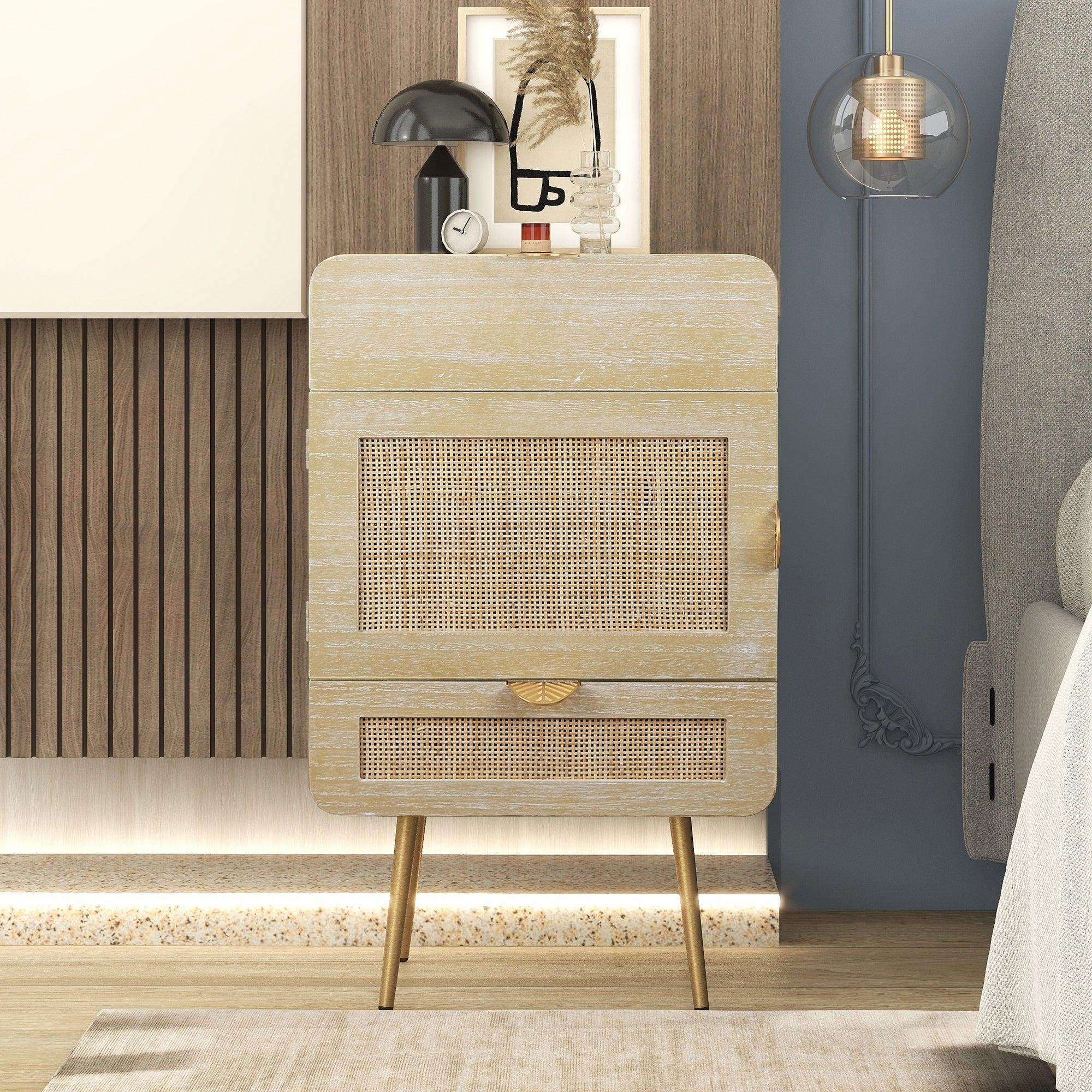 Wooden Nightstand with Rattan Panel,Two Drawers ,One Cabinet and Metal Feet  Bedside Table (Natural) image