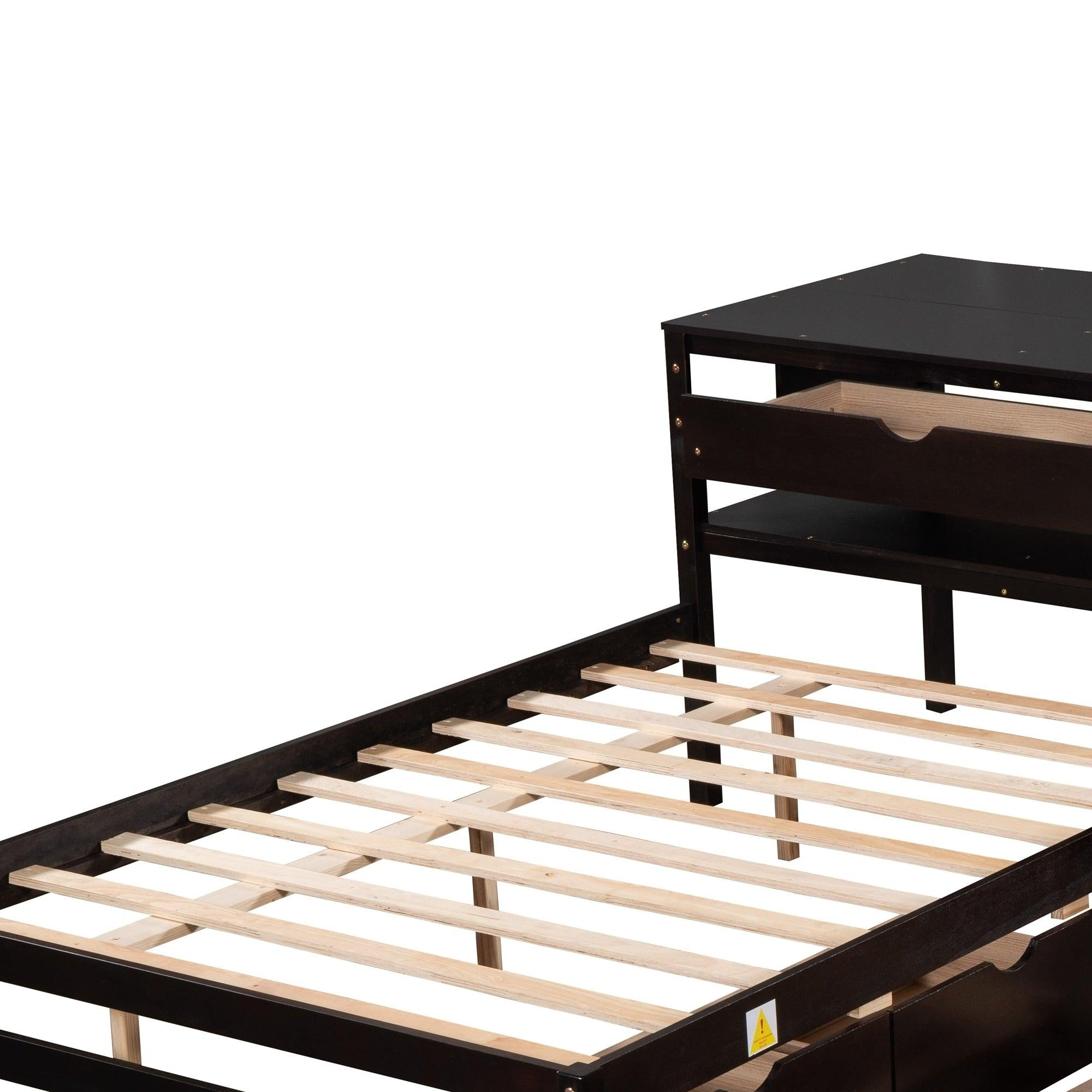 Full Size L-shaped Platform Beds with Twin Size Trundle and Drawers Linked with Built-in Rectangle Table,Espresso