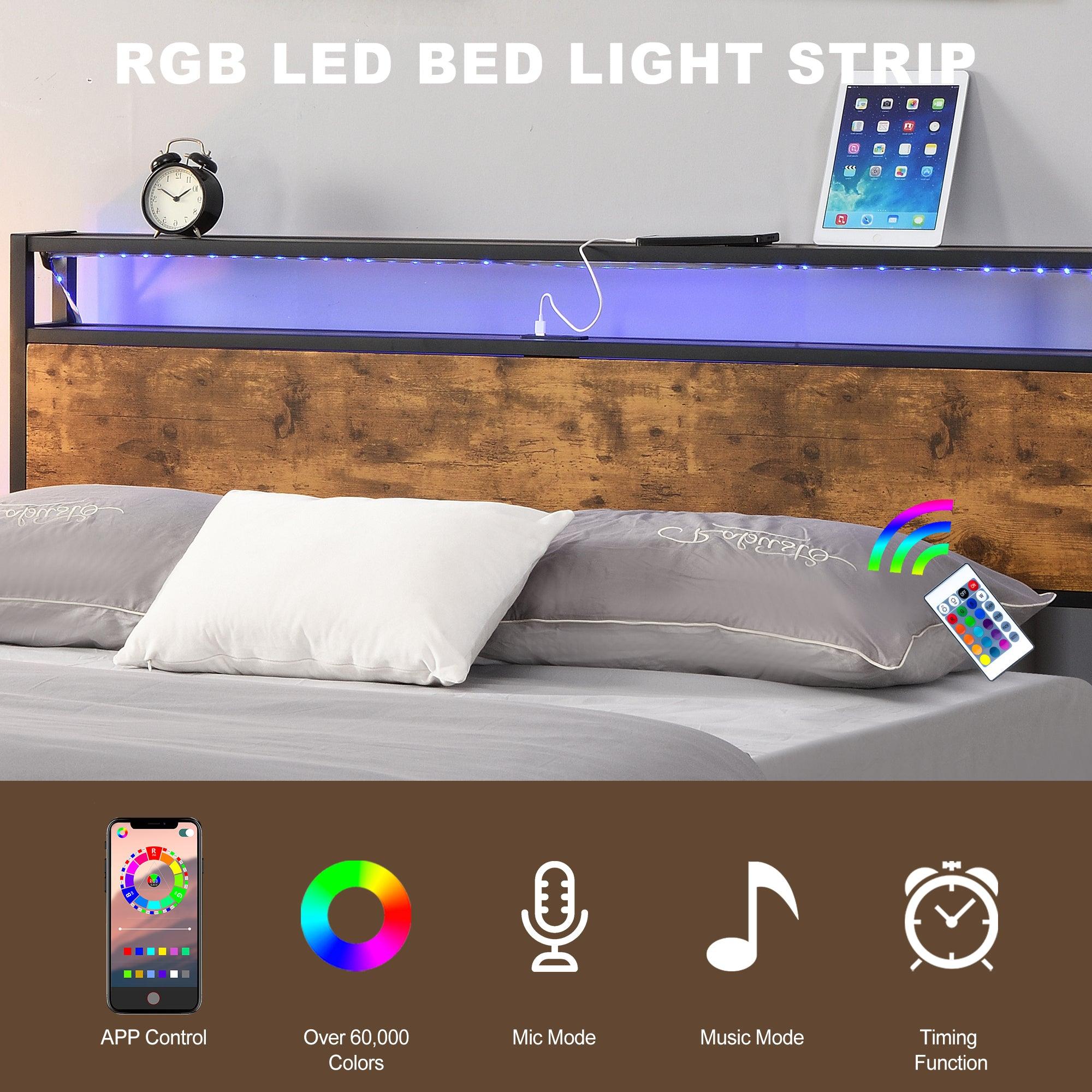 Industrial Queen Bed Frame with LED Lights and 2 USB Ports, Bed Frame Queen Size withStorage, Noise Free, No Box Spring Needed, Rustic Brown