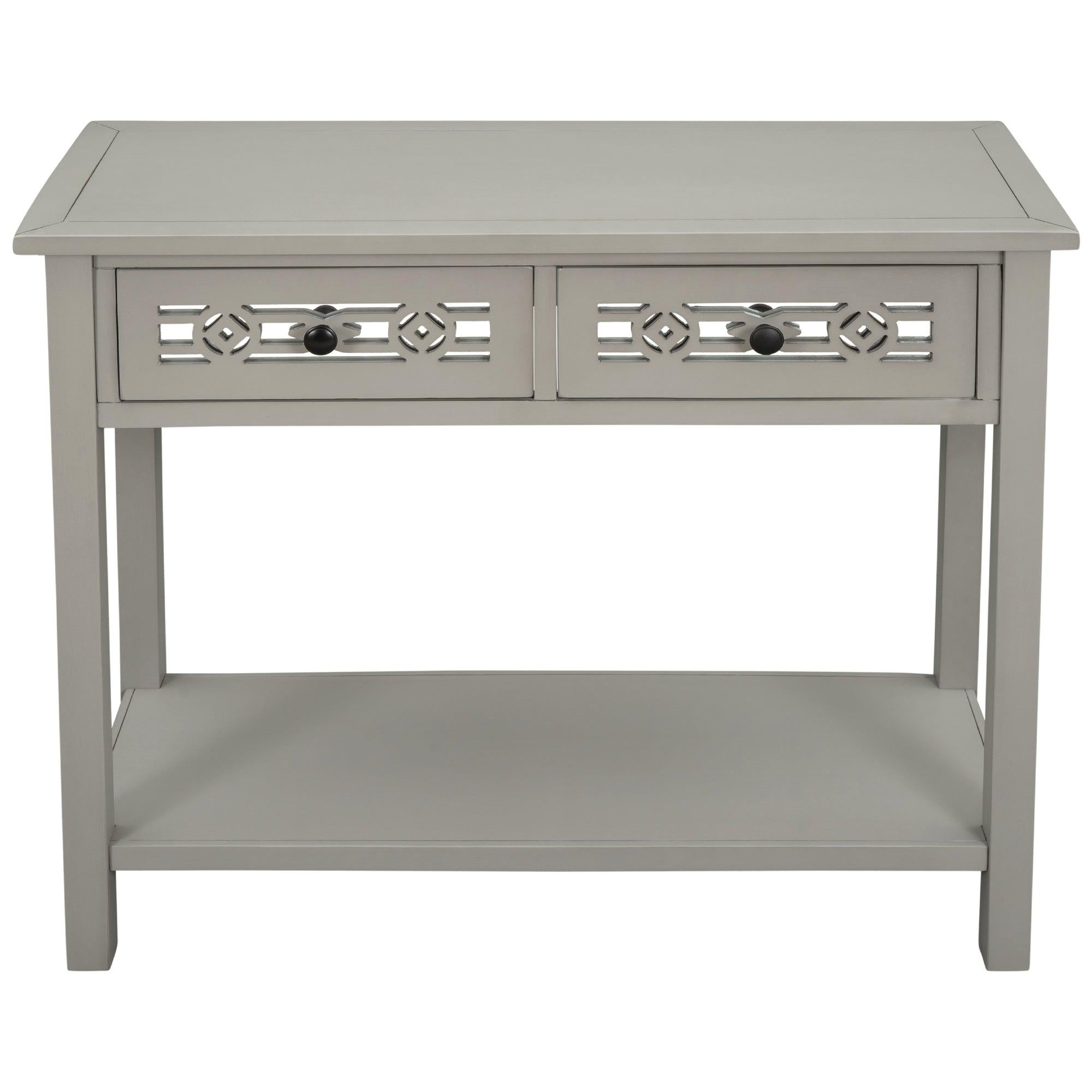 Classic Console Table with Hollow-out Decoration Two Top Drawers and Open Shelf LargeStorage Space (Silver)