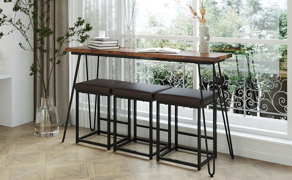 Updated 4 Pieces Counter Height Extra Long Dining Table Set with 3 PU Stools Bar Kitchen Table Set Console Table,Rustic Brown Table+Black Stool