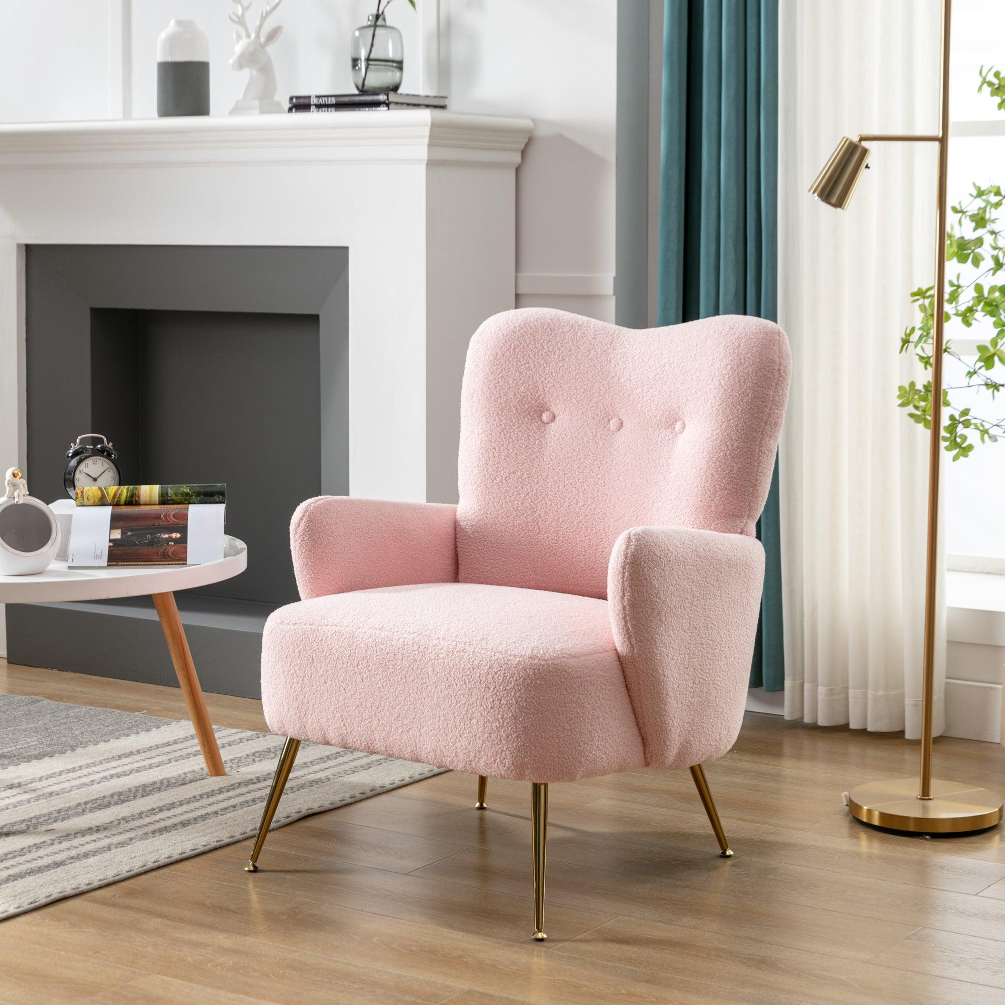 Cozy Teddy Fabric Arm Chair with Sloped High Back and Contemporary Metal Legs ,Pink