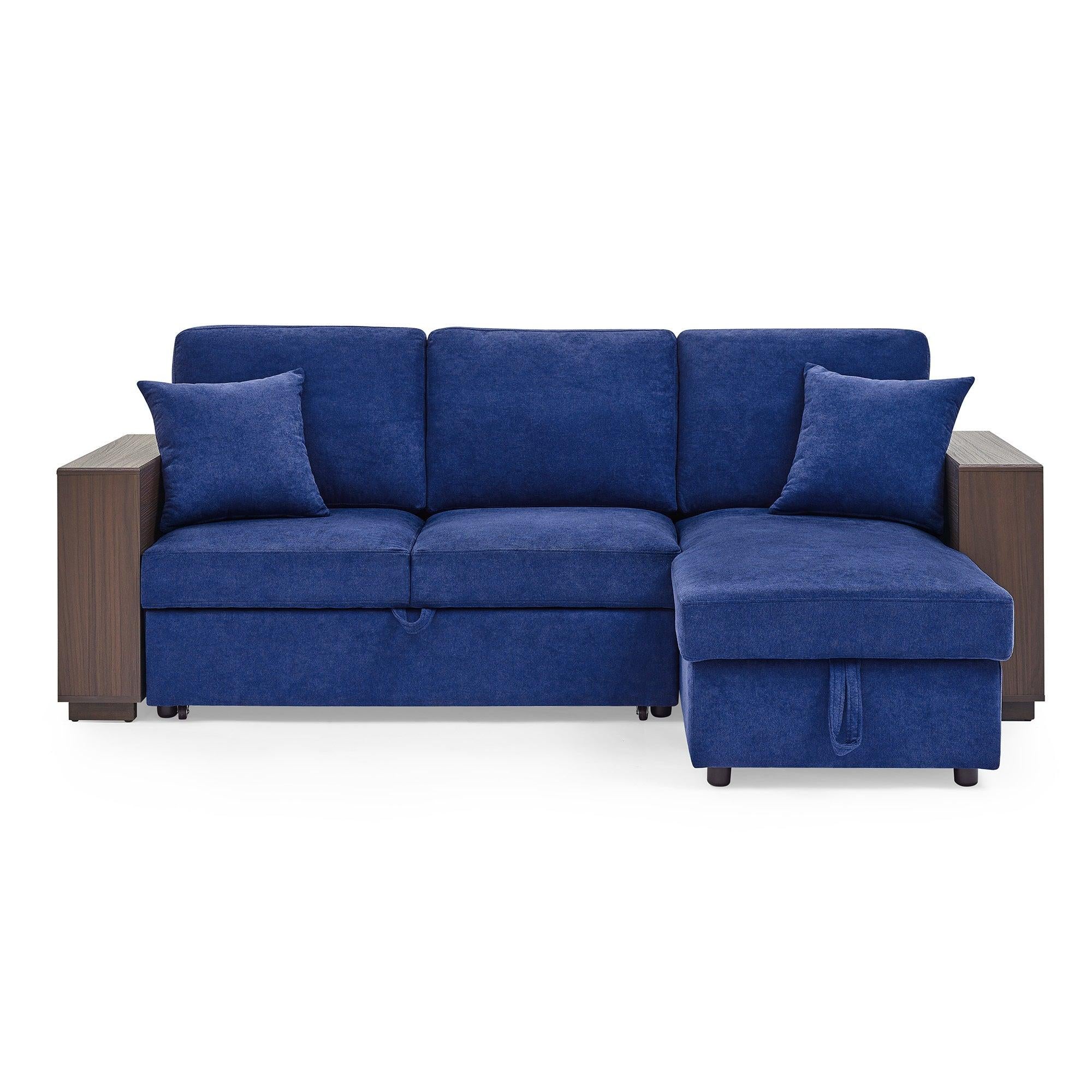 Sectional Sofa with Pulled Out Bed, 2 Seats Sofa and Reversible Chaise withStorage, MDF Shelf Armrest, Two Pillows, Navy Blue, (88" x52" x 34")