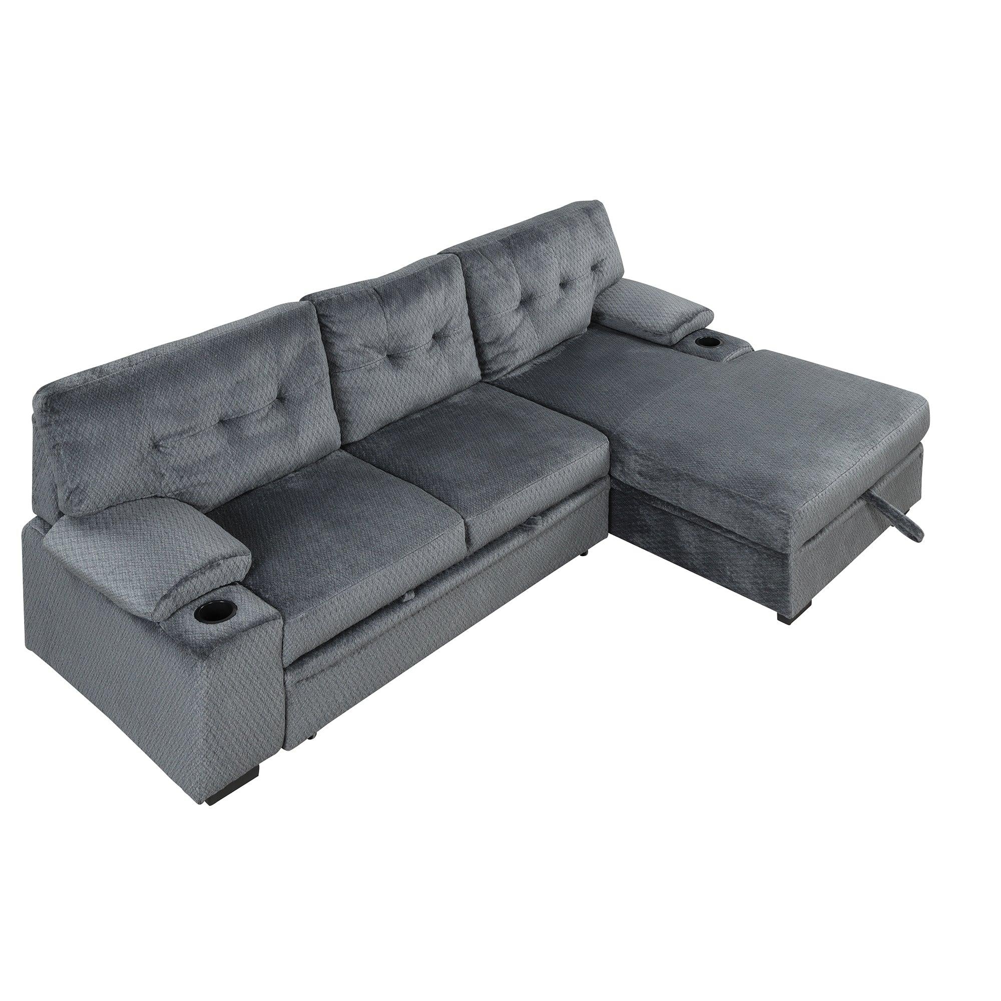 95.7"Modern Padded Upholstered  Sofa Bed Sleeper Sectional Sofa withStorage Chaise and Cup Holder for Living Room Furniture Set