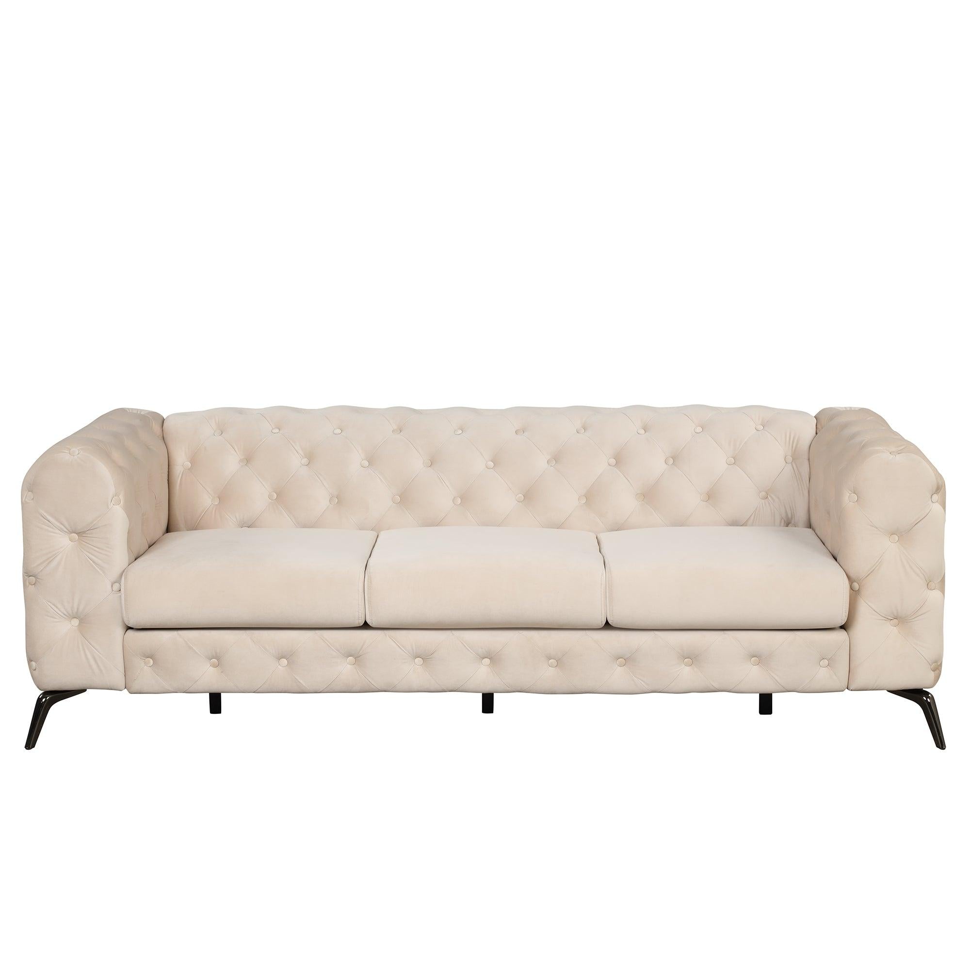 85.5" Velvet Upholstered Sofa with Sturdy Metal Legs,Modern Sofa Couch with Button Tufted Back, 3 Seater Sofa Couch for Living Room,Apartment,Home Office,Beige