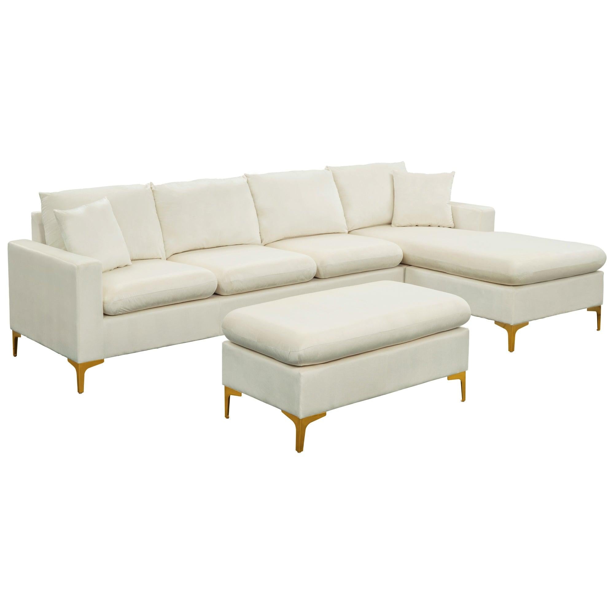 110.6" Sectional Sofa with Ottoman, L-Shape Elegant Velvet Upholstered Couch with 2 Pillows for Living Room Apartment,Cream White image