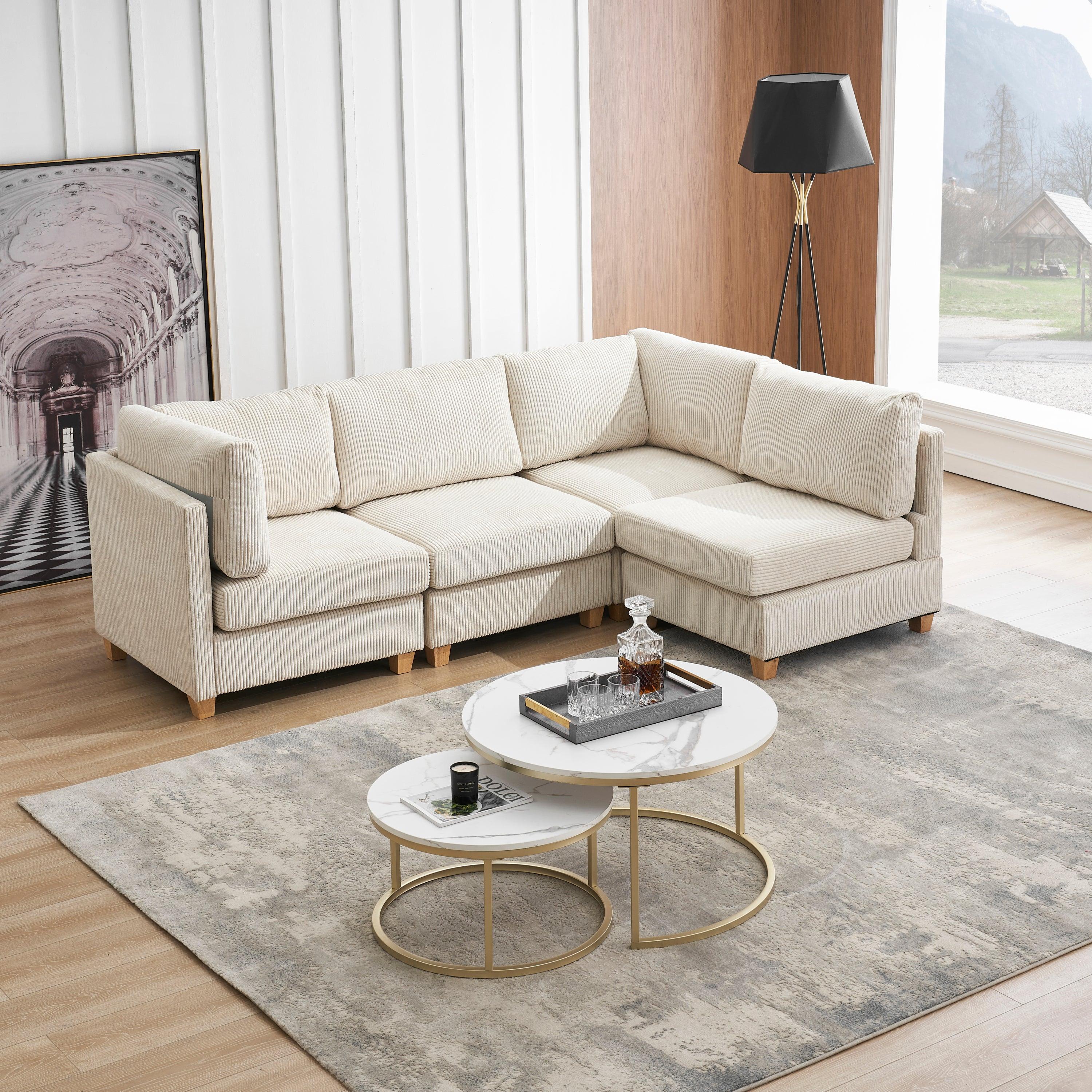 Modern Beige Convertible L Shape Sofa Corduroy Fabric Comfortable Multi-person Combination Living Room Sofa Furniture