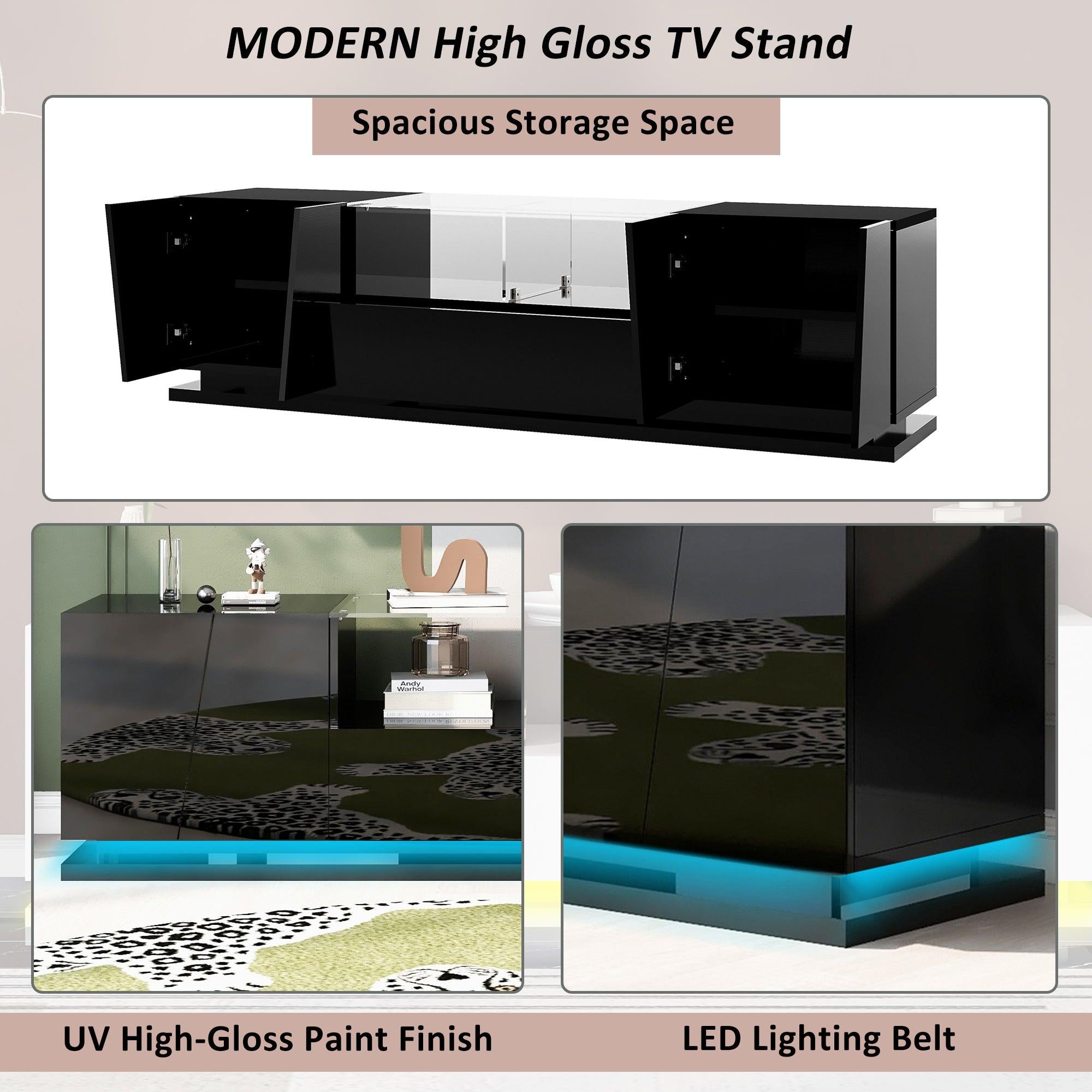 TV Stand with Tempered Glass,Modern High Gloss Entertainment Center for TVs Up to 72'',TV Cabinet withStorage and LED Color Changing Lights for Living Room,Black