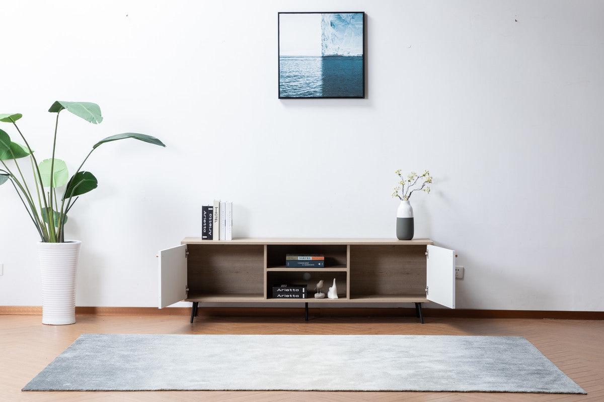 Aurora Light Brown Wood Finish TV Stand with 2 White Cabinets and Modular Shelves