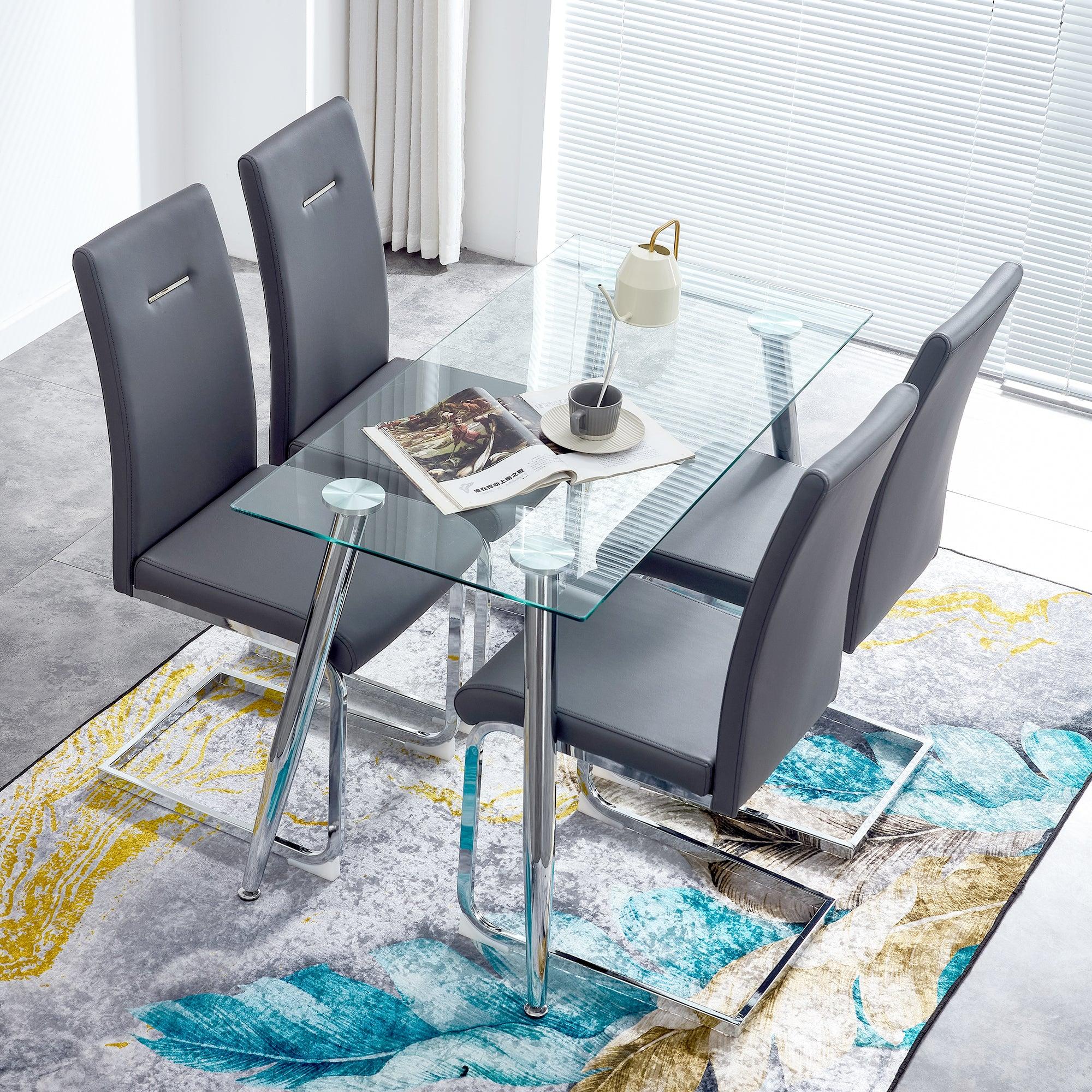 Glass Dining Table, Dining Chair set, 4 Grey  Dining Chairs and 1 Dining Table .Table Size 51" W x 31"D x 30" H