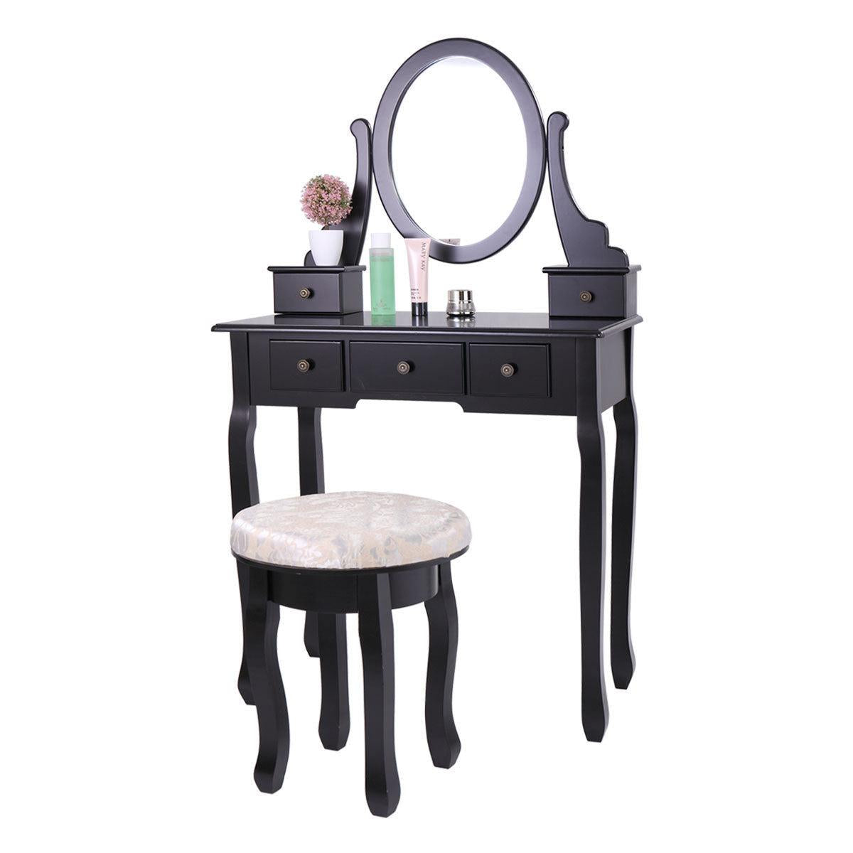 Makeup Desk Vanity Dressing Table Set W/ Round Mirror Stool 5Storage Drawers