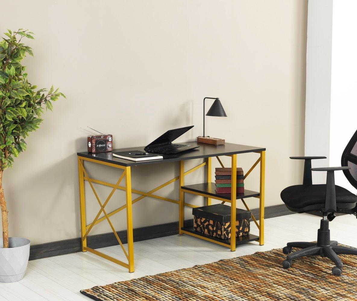 Furnish Home Store Morello Gold Metal Frame 47" Wooden Top 2 Shelves Writing and Computer Desk for Home Office, Black